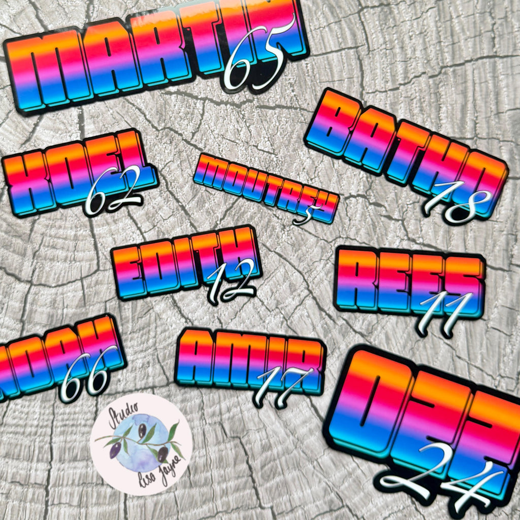 Bright Ombré multicoloured Personalised Name Waterproof Vinyl Sticker For Smooth Surfaces - a group of colorful stickers on a tree stump