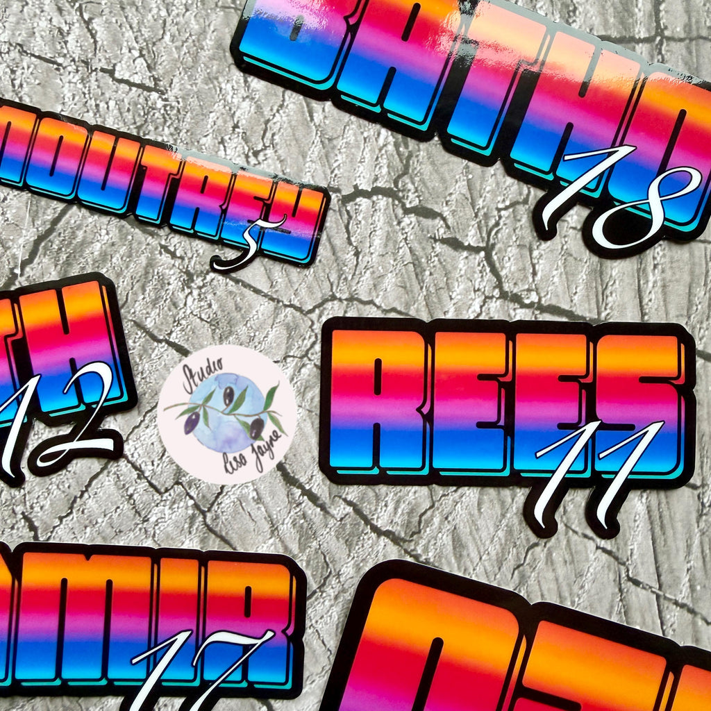 Bright Ombré multicoloured Personalised Name Waterproof Vinyl Sticker For Smooth Surfaces - a group of colorful stickers