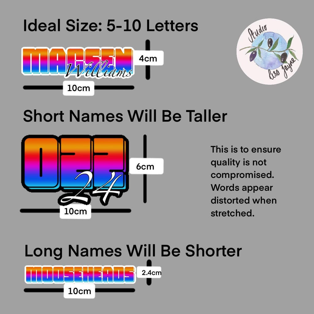 Bright Ombré multicoloured Personalised Name Waterproof Vinyl Sticker For Smooth Surfaces - a group of letters and numbers
