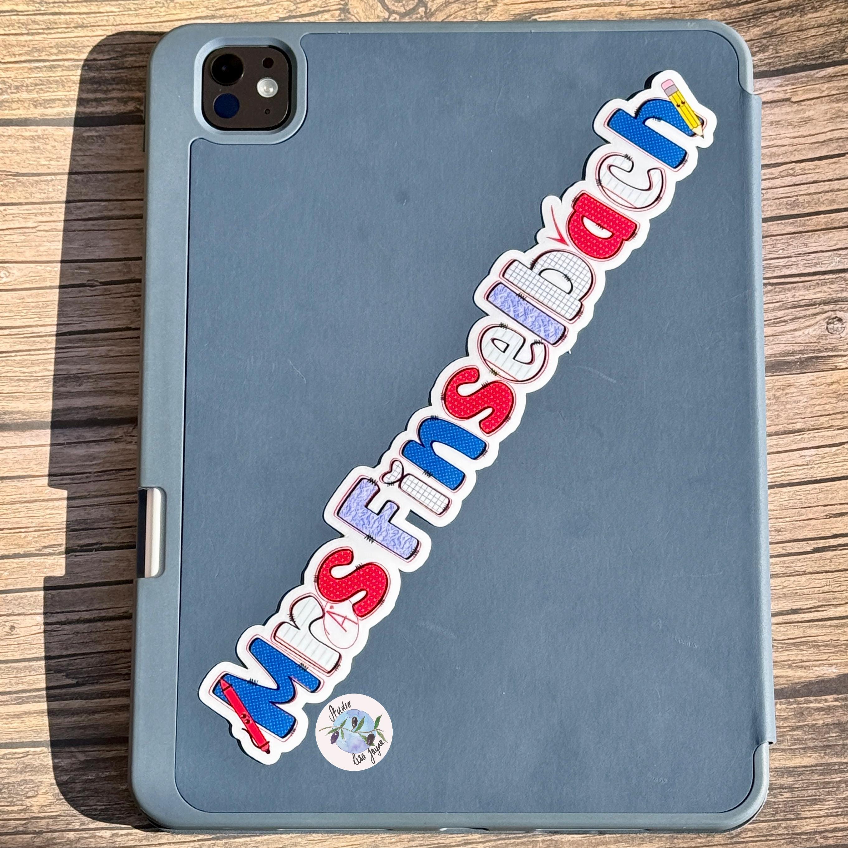 Teacher Name Sticker Label - a blue tablet case with stickers on it