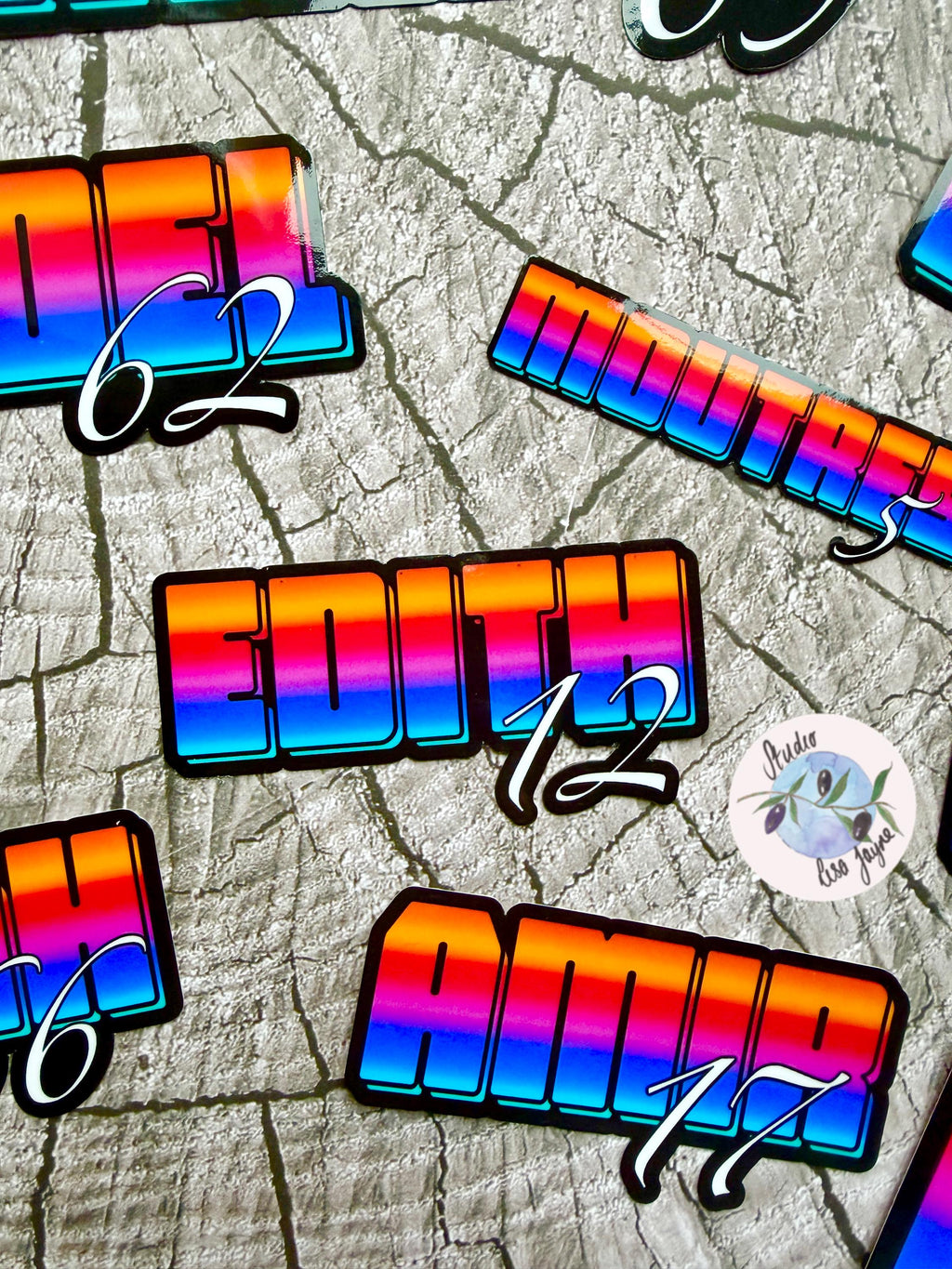 Bright Ombré multicoloured Personalised Name Waterproof Vinyl Sticker For Smooth Surfaces - a group of colorful stickers