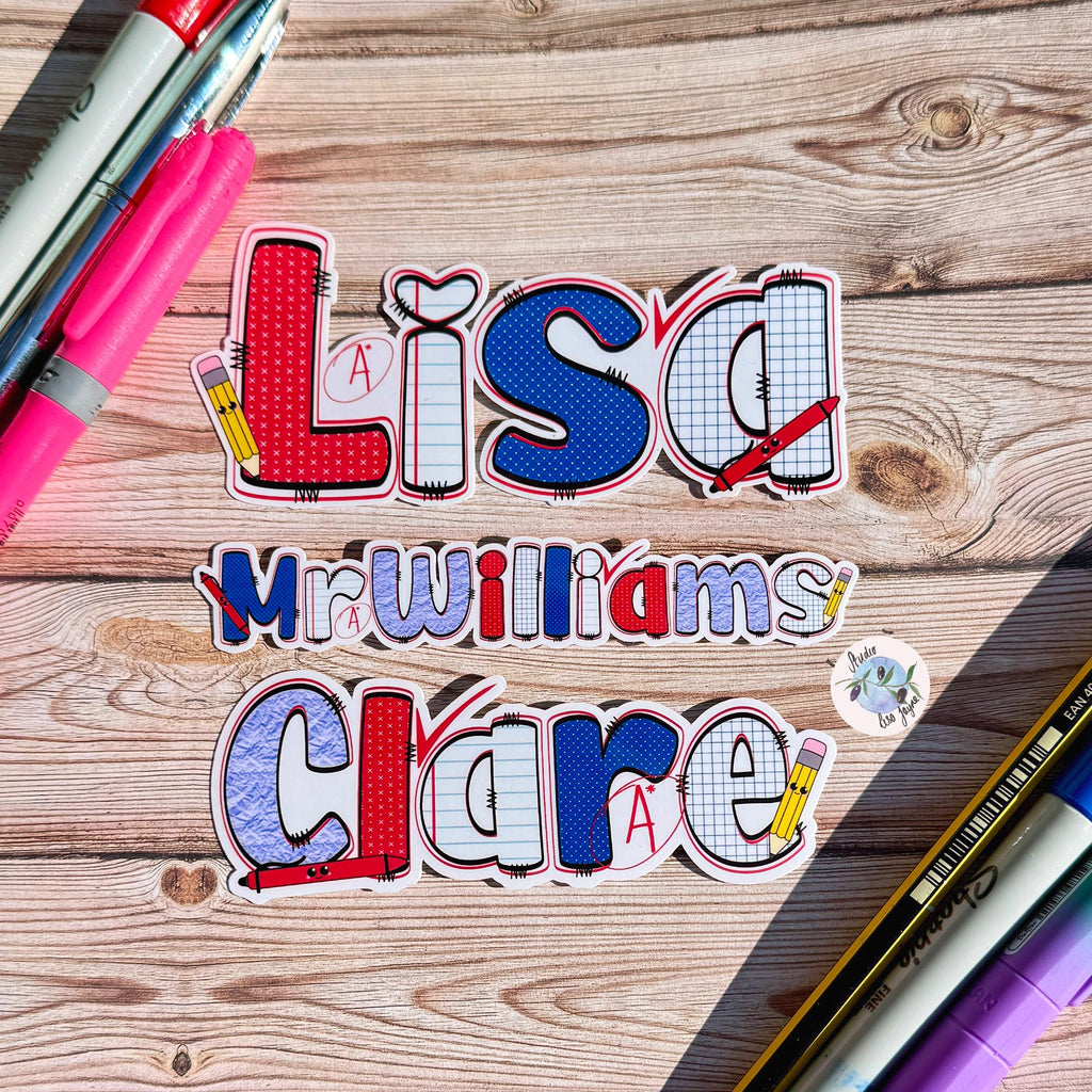 Teacher Name Sticker Label - a group of markers on a table
