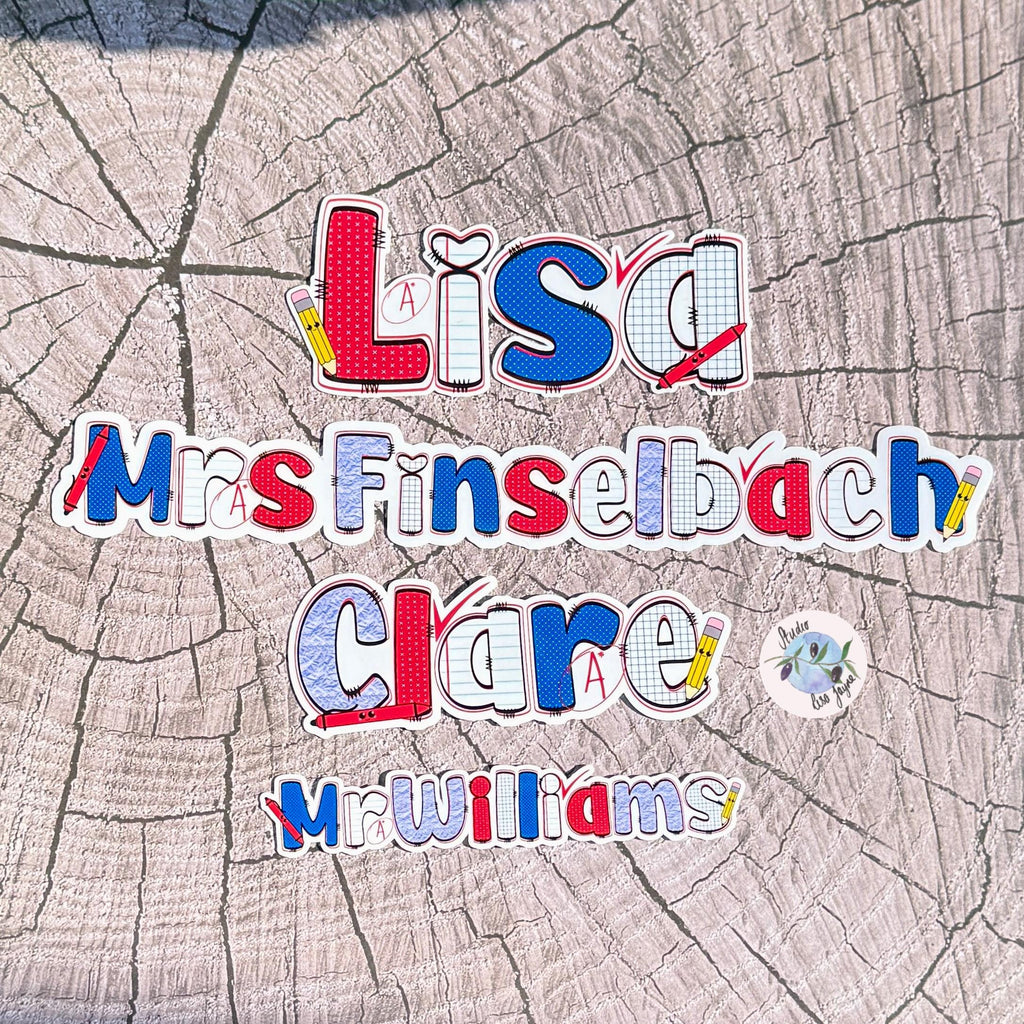 Teacher Name Sticker Label - a cut out of a tree stump with colorful letters
