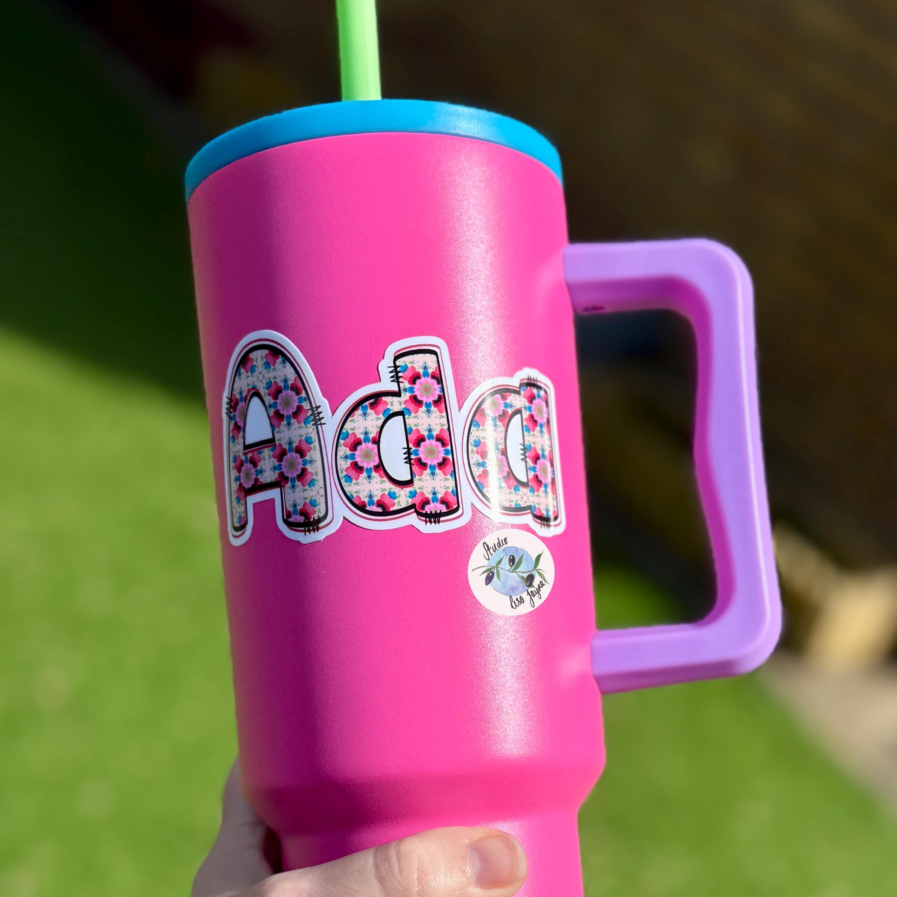 Floral Tile Name Sticker Label on a pink drink bottle