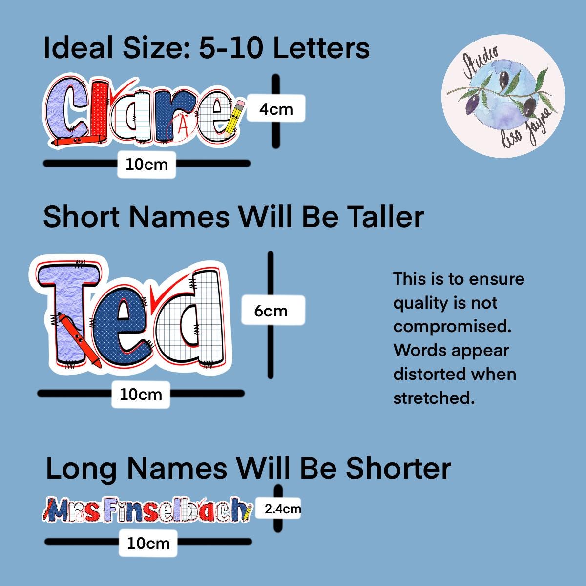 Teacher Name Sticker Label - a blue background with different letters