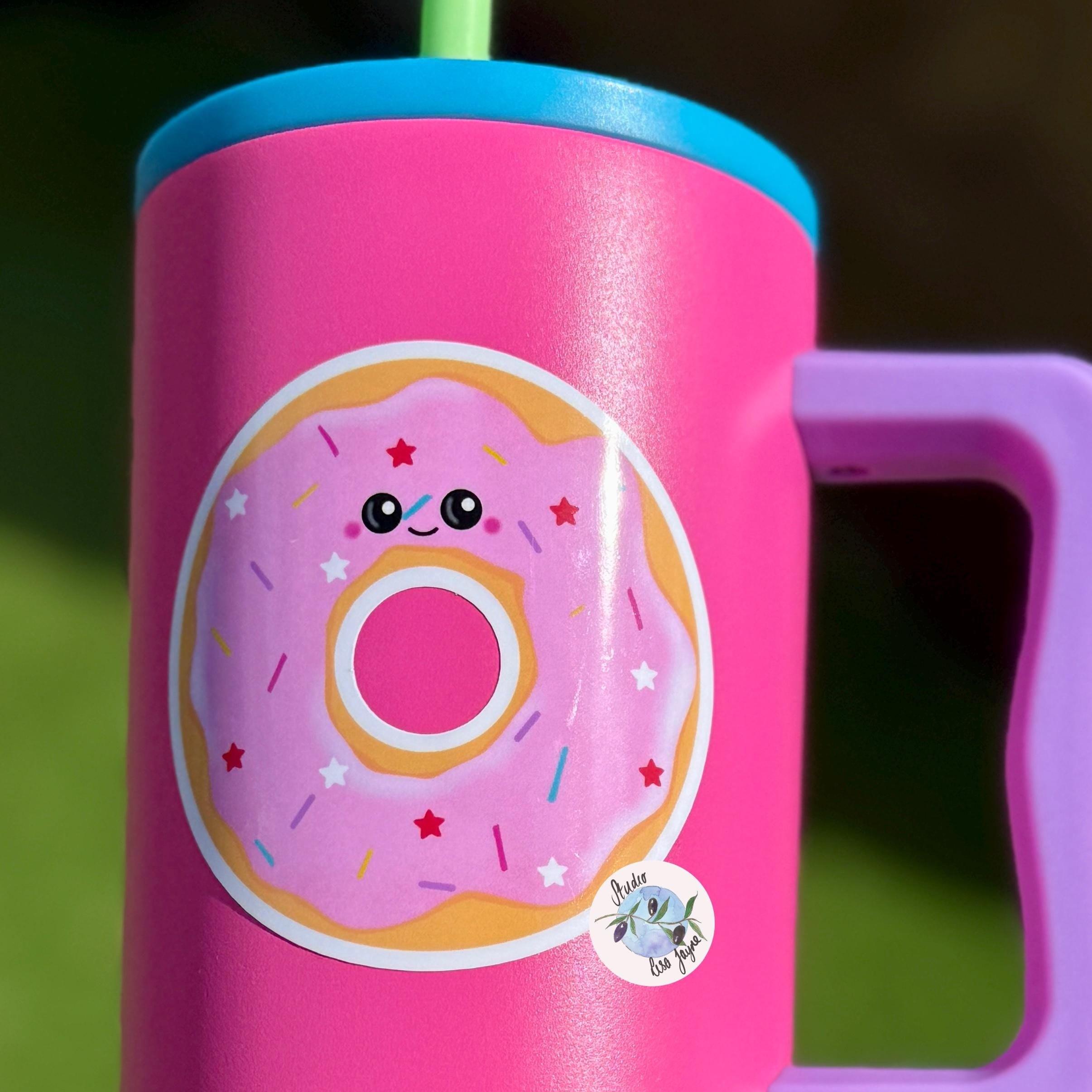 Doughnut Donut Hand Illustrated Waterproof Vinyl Sticker - a pink cup with a straw and a donut on it