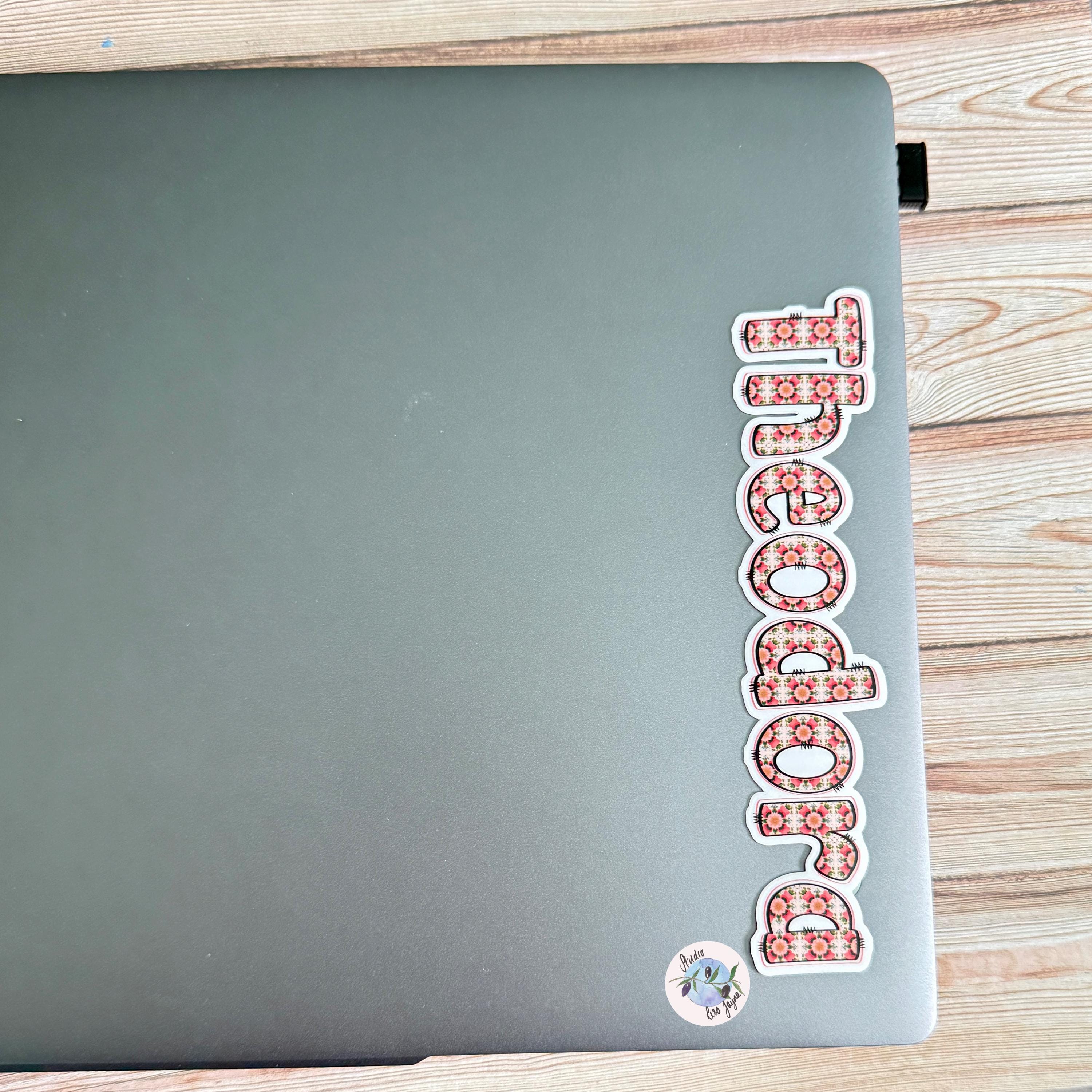Floral Tile Name Sticker Label on a laptop