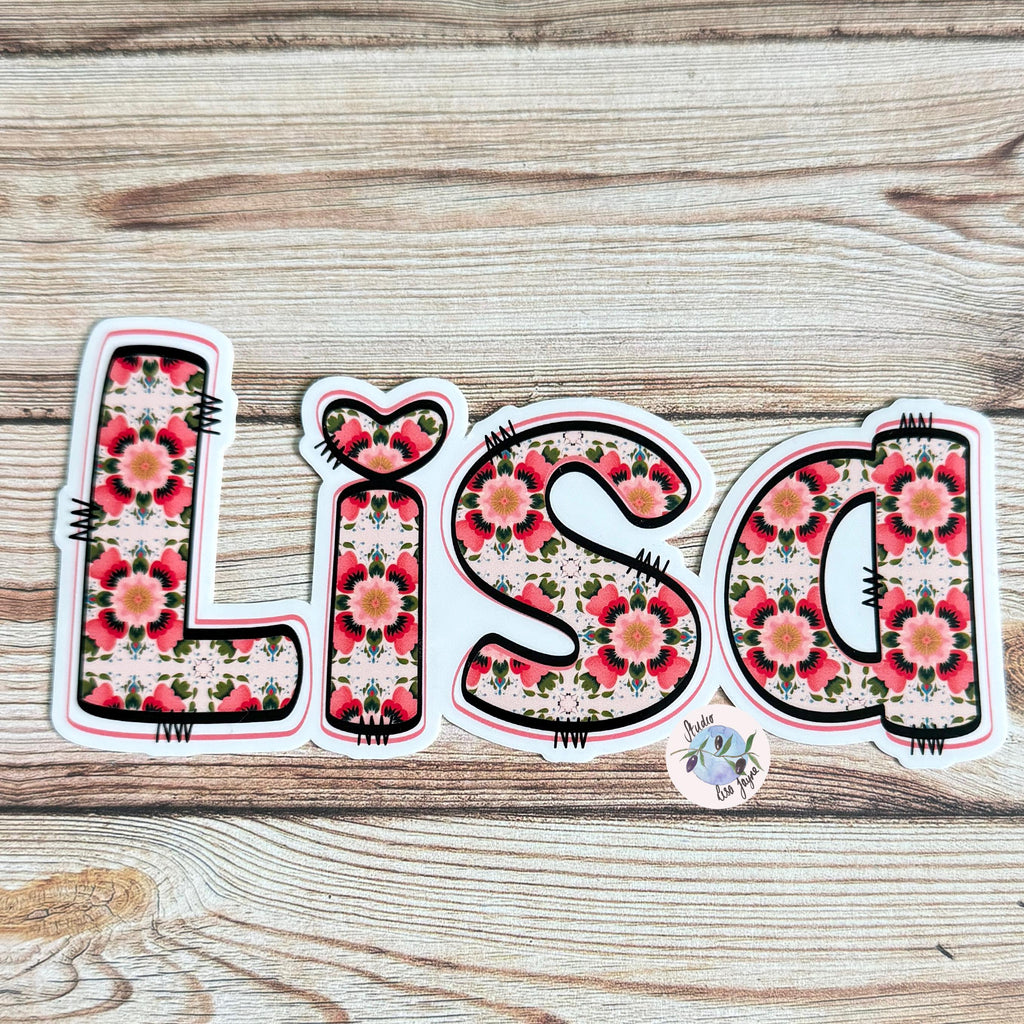 Floral Tile Name Sticker Label name Lisa on a wooden background