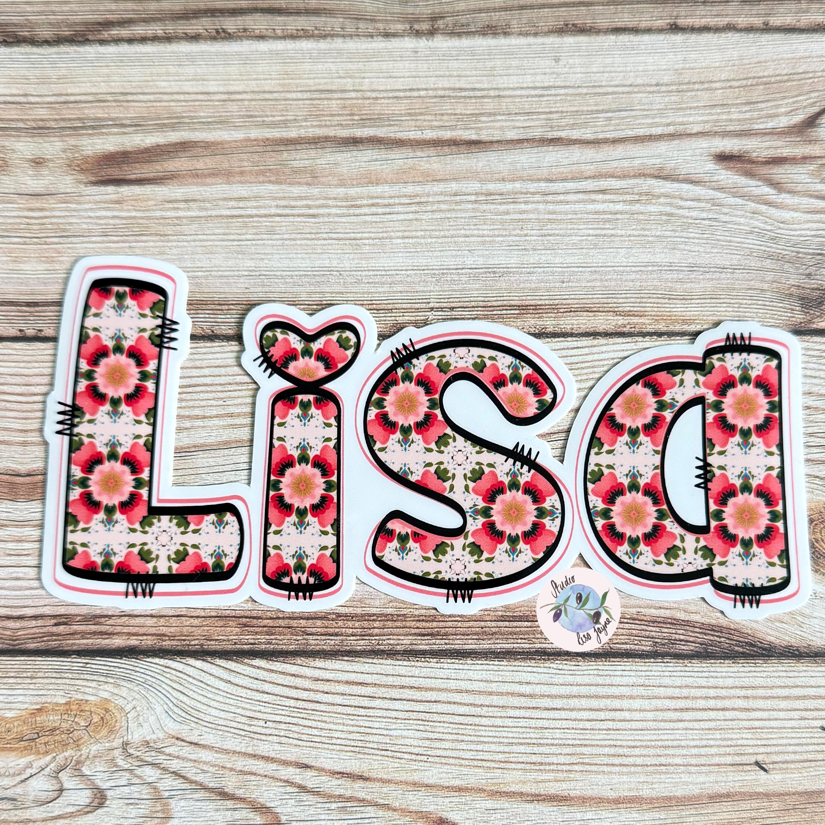 Floral Tile Name Sticker Label name Lisa on a wooden background