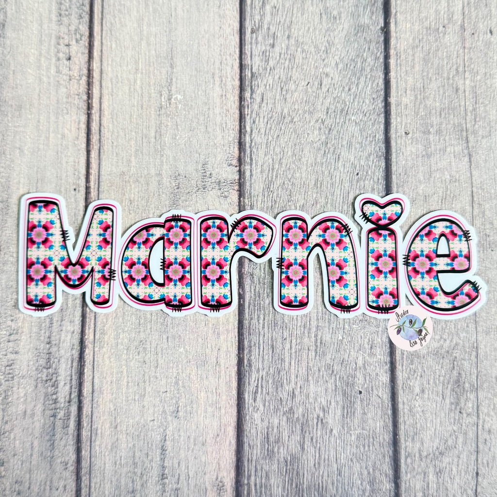Floral Tile Name Sticker Label Marine on a wooden background
