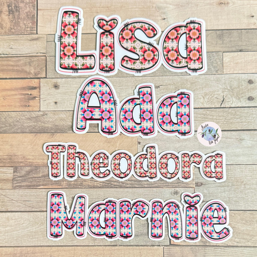 Floral Tile Name Sticker Label example names Lisa, Ada, Theadore, Marine