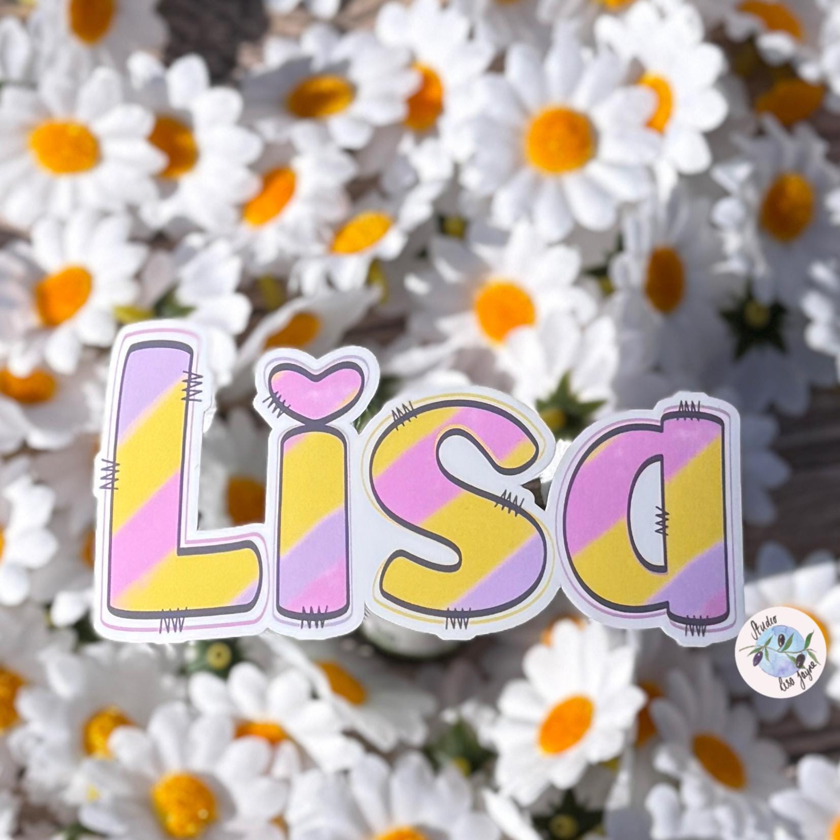 Pastel Rainbow Name Sticker Label - a group of white flowers with yellow and purple name sticker