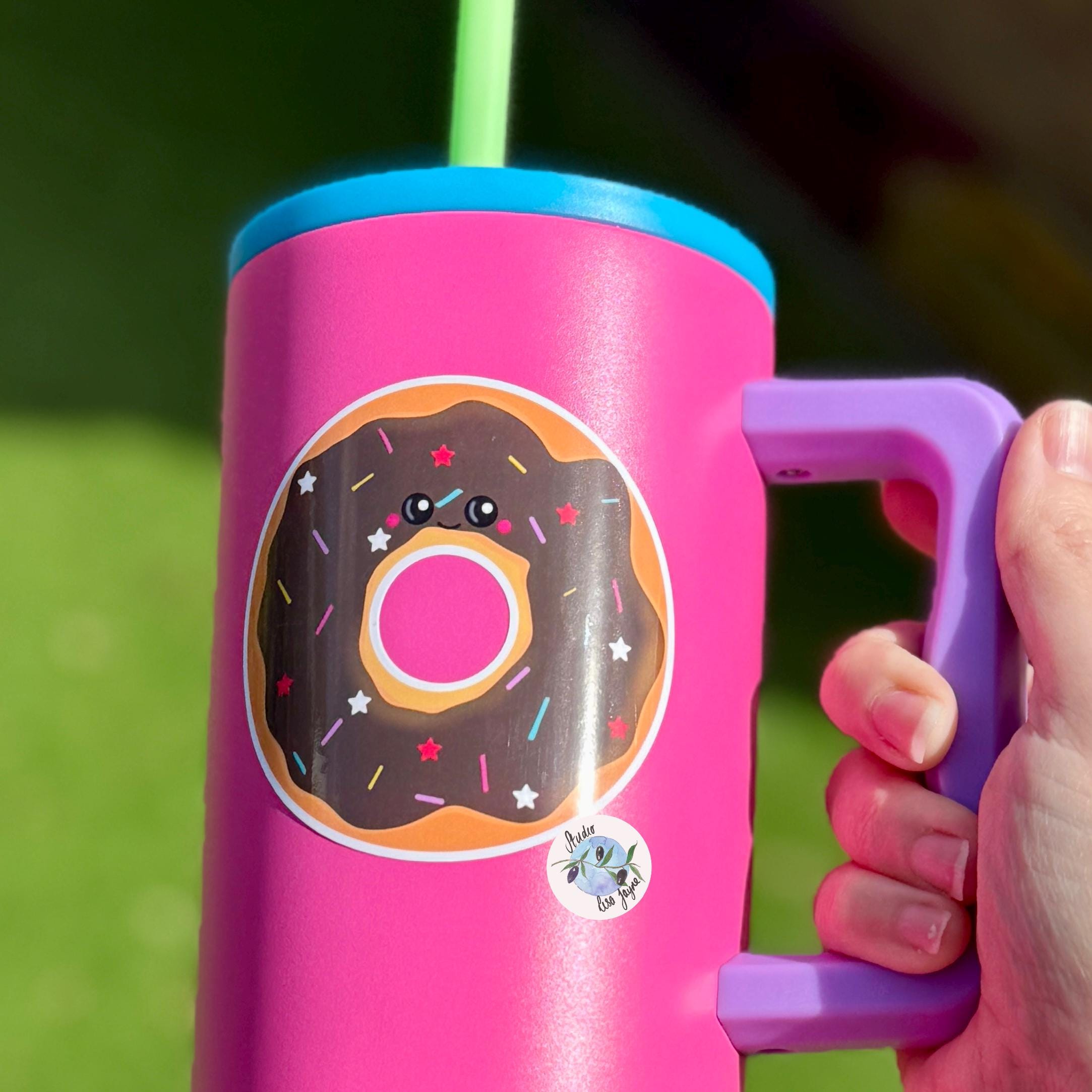 Doughnut Donut Hand Illustrated Waterproof Vinyl Sticker - a hand holding a pink cup with a straw and a donut design