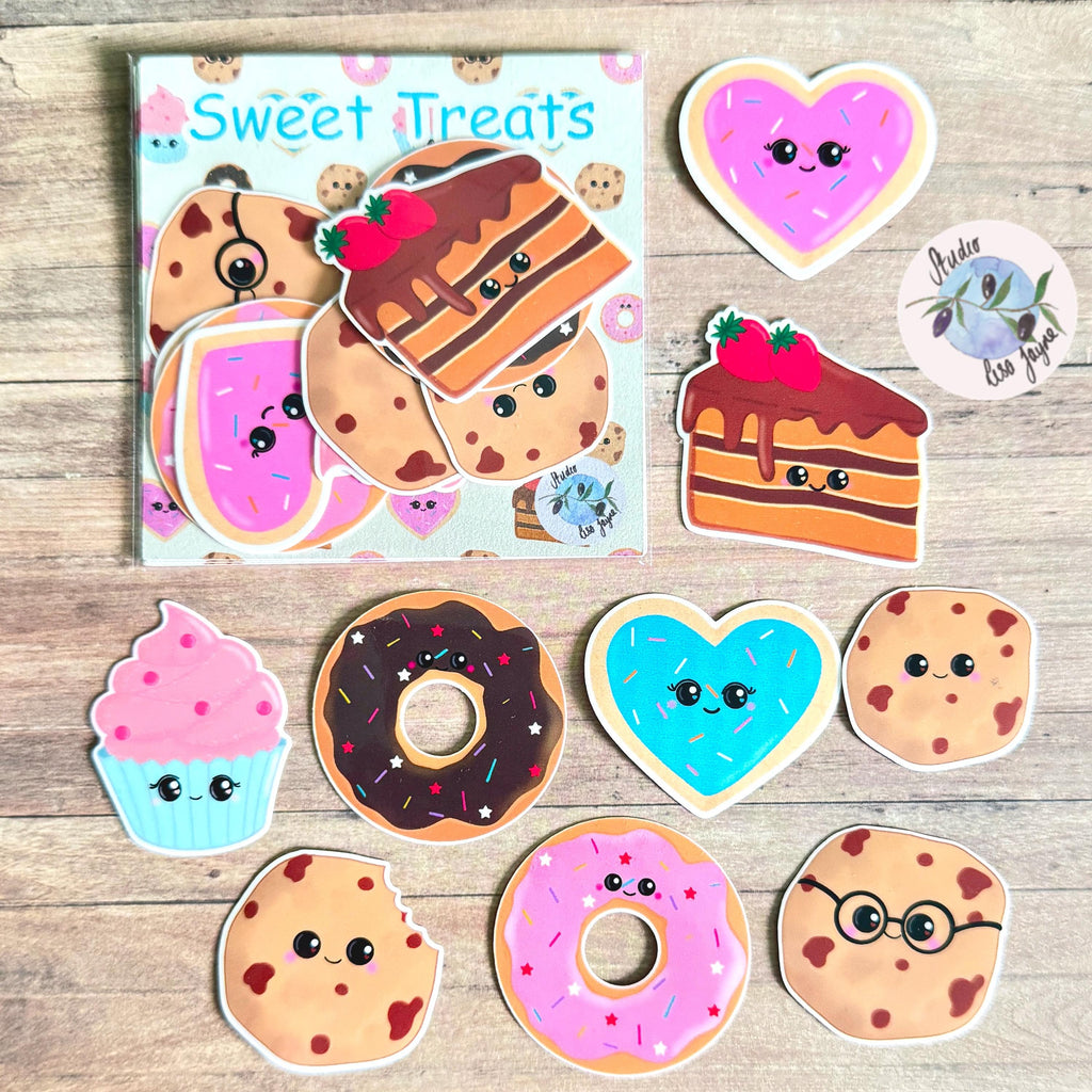 Sweet Treats Sticker Pack Hand Illustrated Happy Foods.  Doughnuts, cookies, cake, cupcake. - Sweet Treats Sticker Pack Hand Illustrated Happy Foods.  Doughnuts, cookies, cake, cupcake.