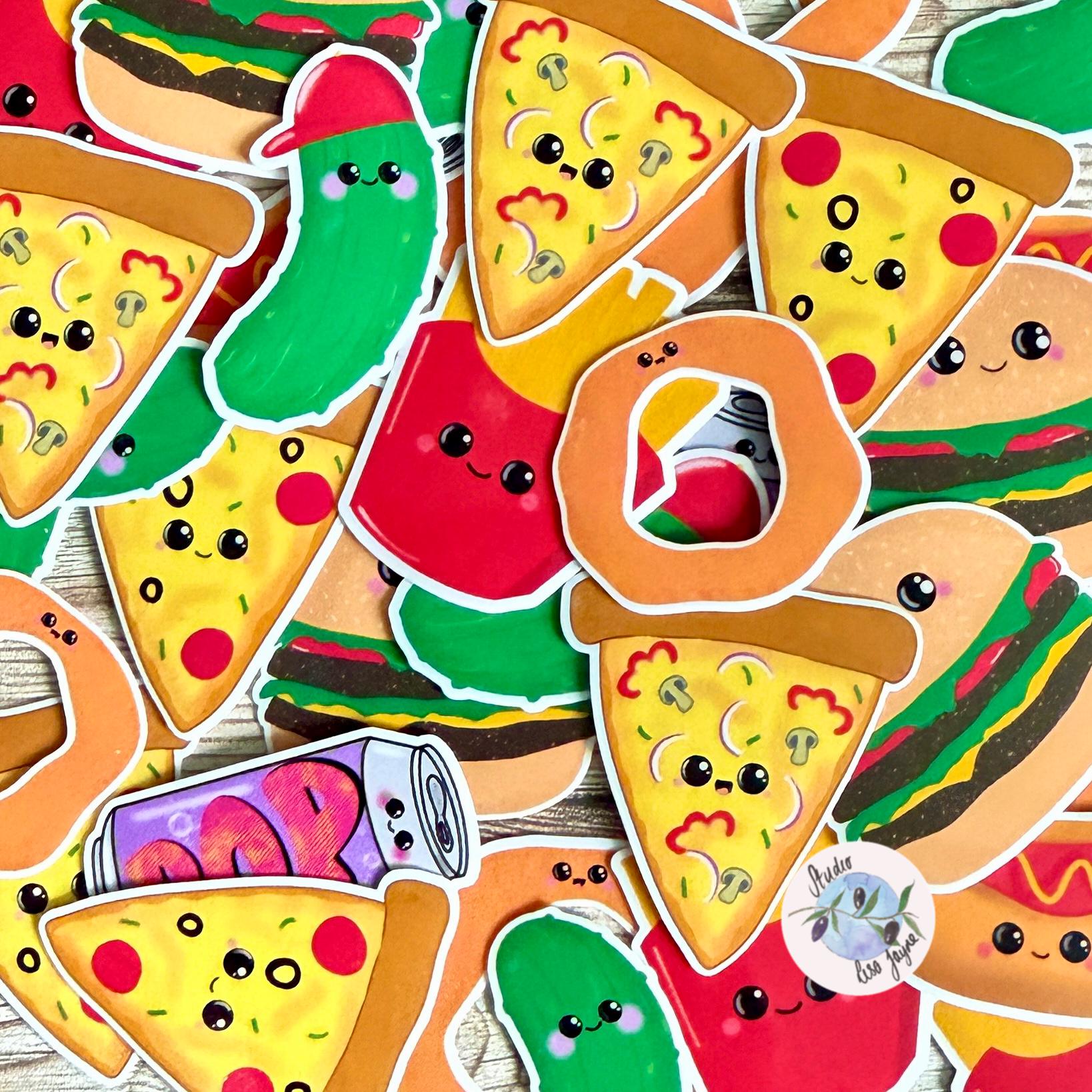 Fast Food Sticker Pack Hand Illustrated Happy Foods - a pile of cartoon food stickers