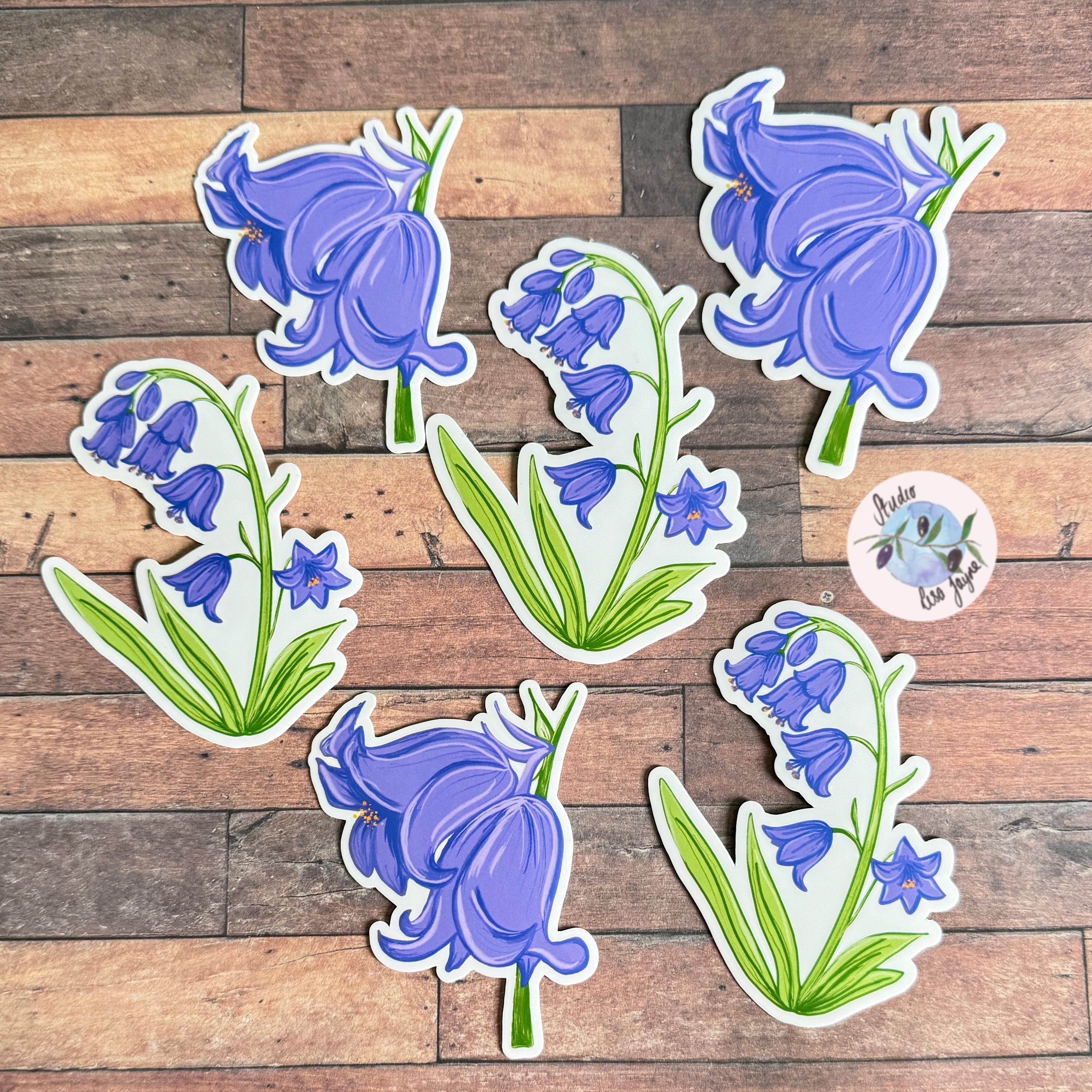 Bluebells Hand Illustrated Waterproof Vinyl Sticker - a group of stickers on a wood surface