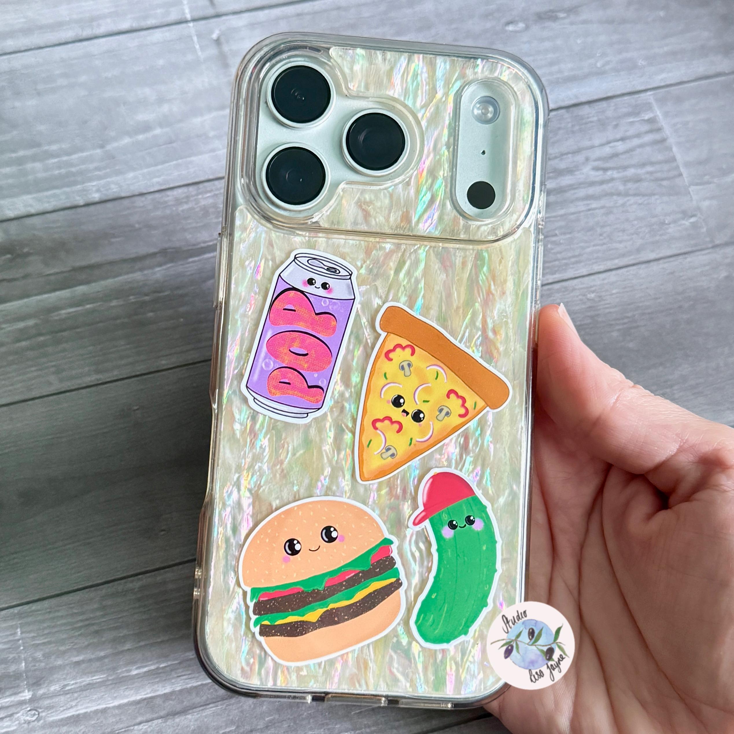 Fast Food Sticker Pack Hand Illustrated Happy Foods - a hand holding a phone case with stickers