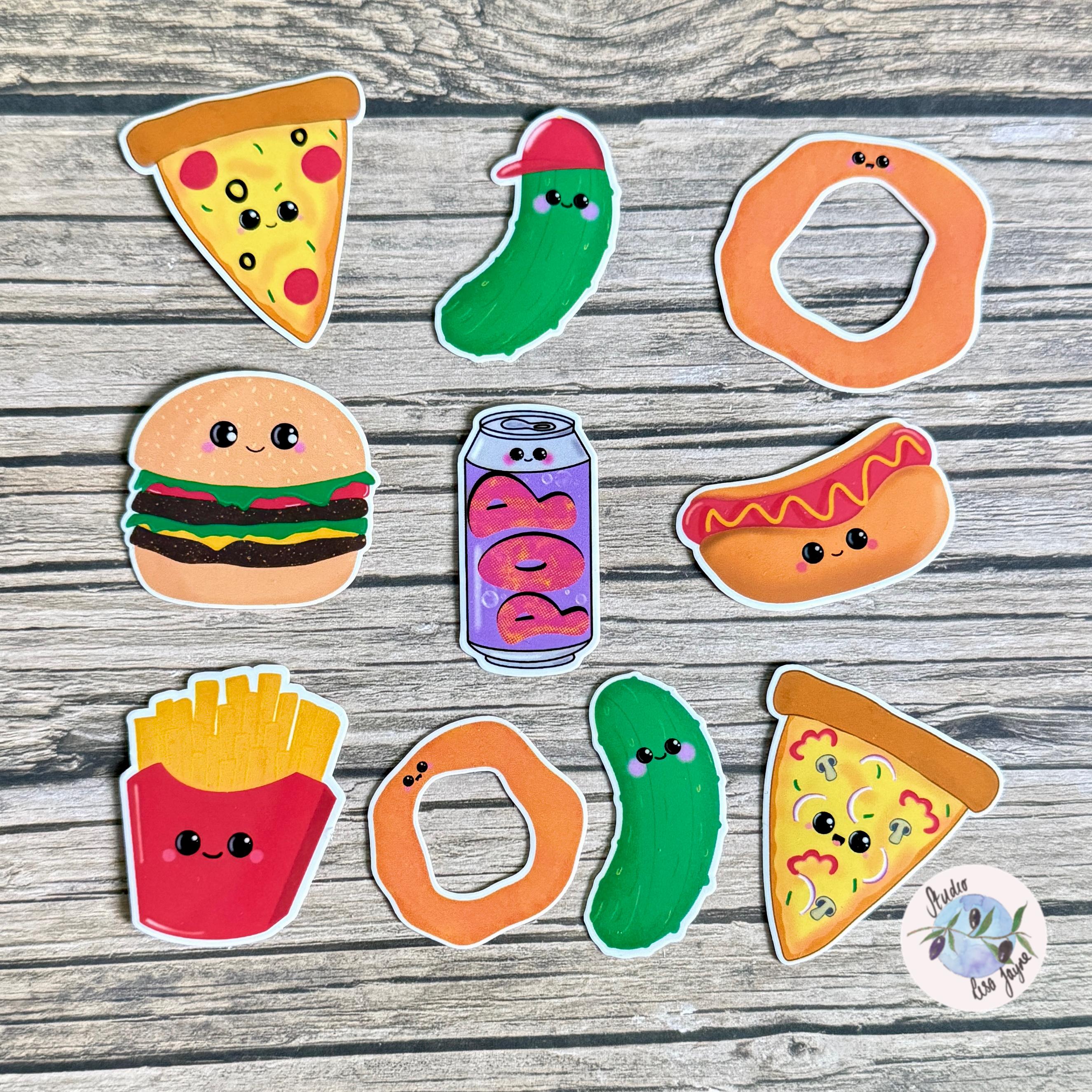 Fast Food Sticker Pack Hand Illustrated Happy Foods - a group of cartoon food stickers