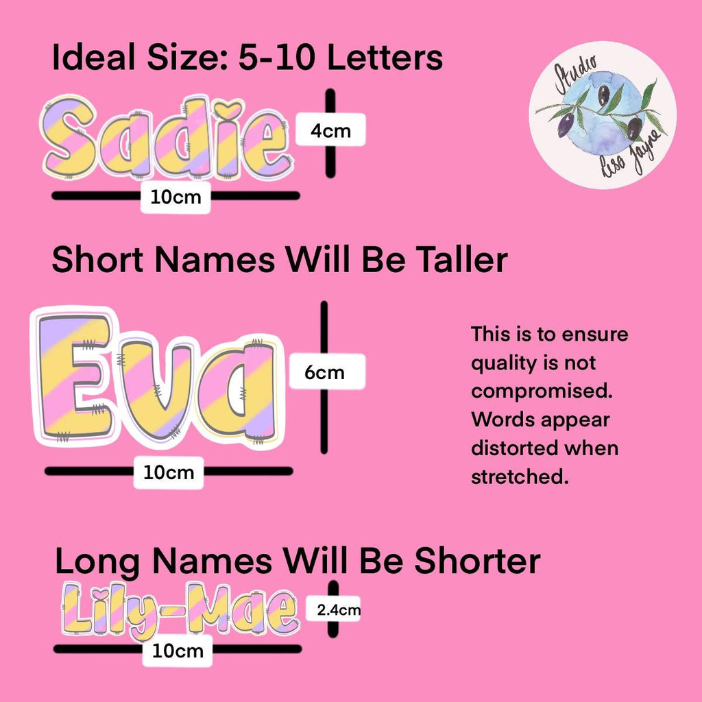 Pastel Rainbow Name Sticker Label - a pink background with text and images