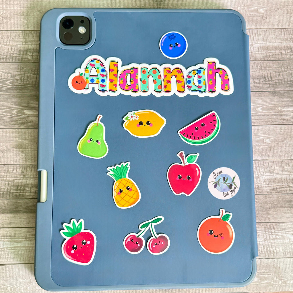 Cute Fruit Sticker Pack Hand Illustrated - a blue tablet case with kawaii fruit themed stickers on it