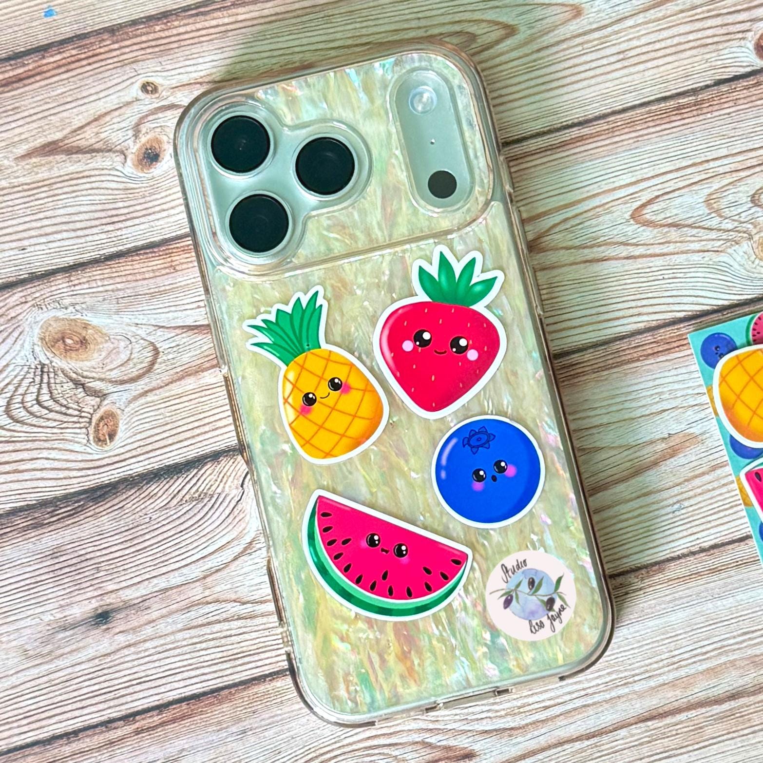 Cute Fruit Sticker Pack Hand Illustrated - a phone case with fruit stickers on it