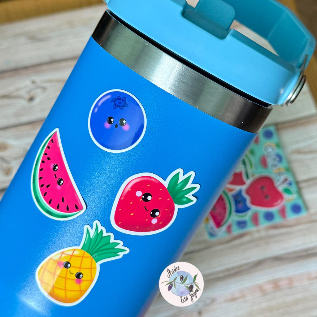 Cute Fruit Sticker Pack Hand Illustrated - a blue and silver water bottle with cute fruit stickers on it