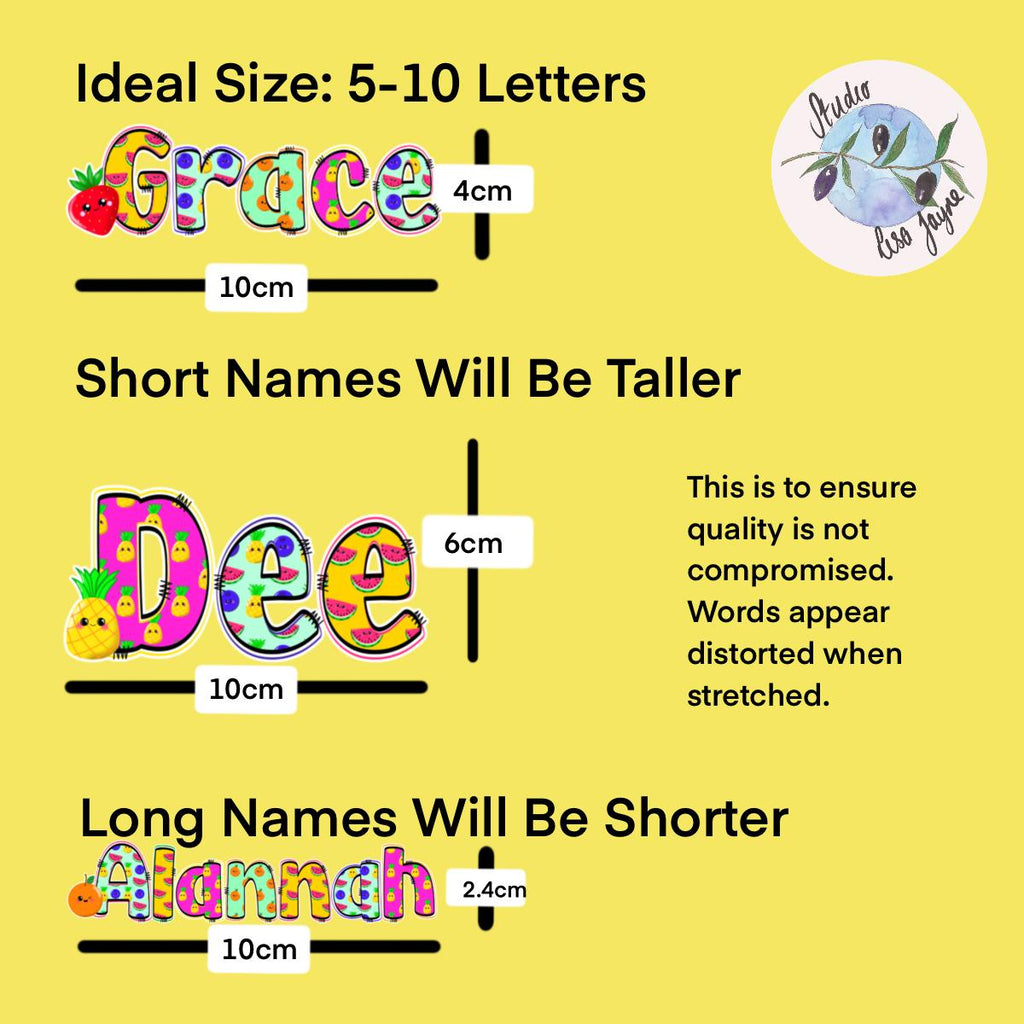 Cute Fruit Name Sticker for Smooth Surfaces - a yellow background with different names
