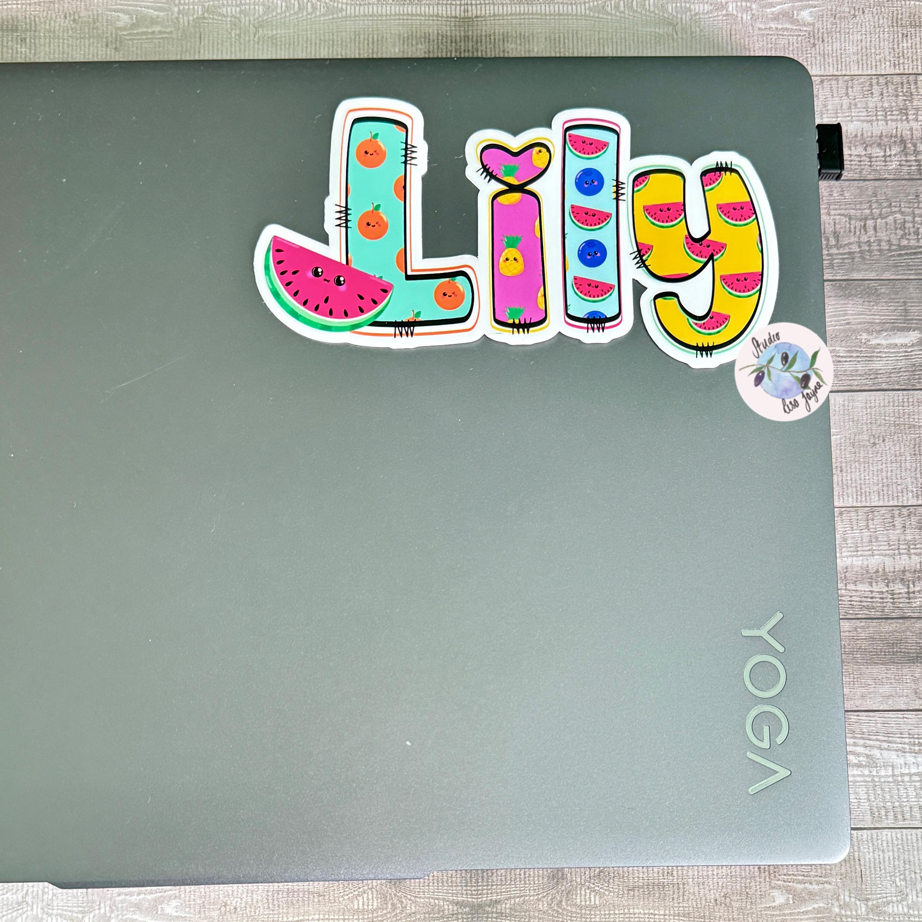 Cute Fruit Name Sticker for Smooth Surfaces - a laptop with stickers on it
