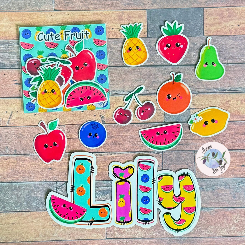 Cute Fruit Sticker Pack Hand Illustrated - a group of fruit stickers and a name sticker in a fruit theme