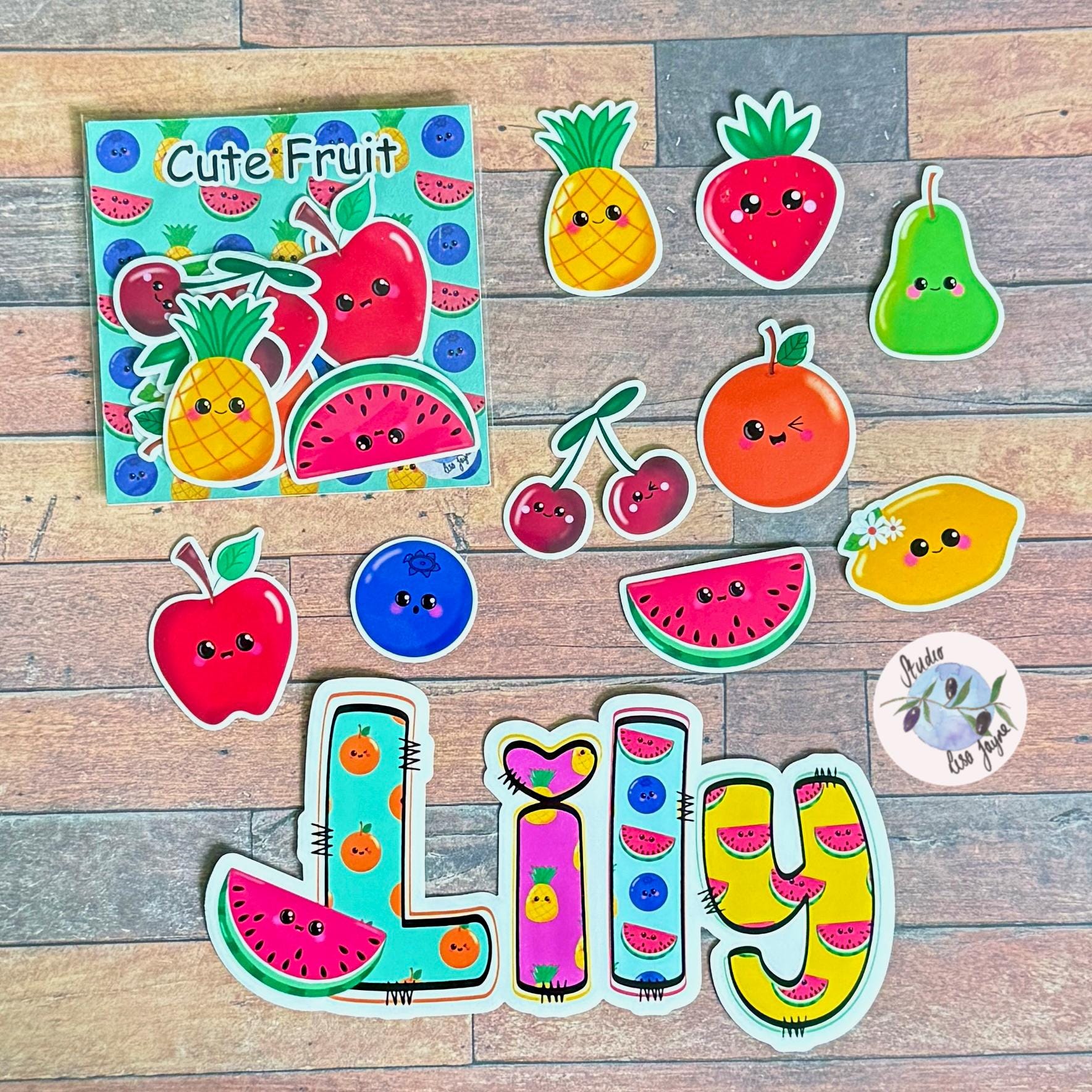 Cute Fruit Sticker Pack Hand Illustrated - a group of fruit stickers and a name sticker in a fruit theme