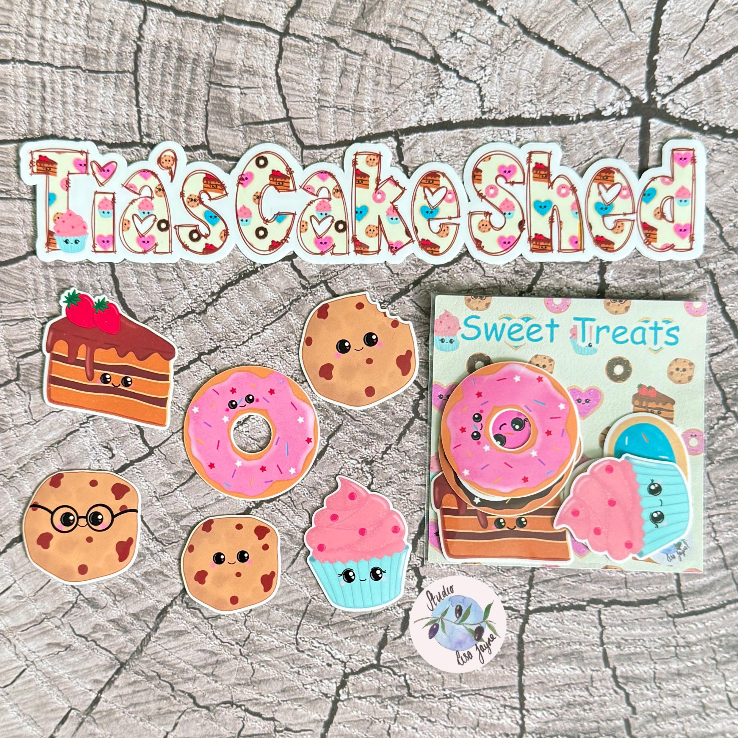 Sweet Treats Name Sticker for Smooth Surfaces - a group of paper cut out cookies and cupcakes on a tree stump