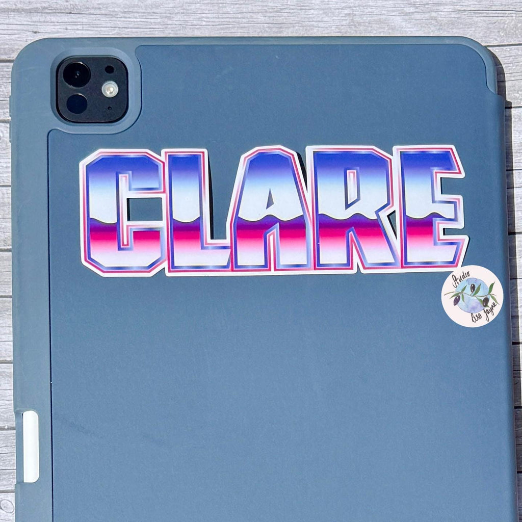 80s Wave Name Sticker Label - a blue tablet case with a sticker on it