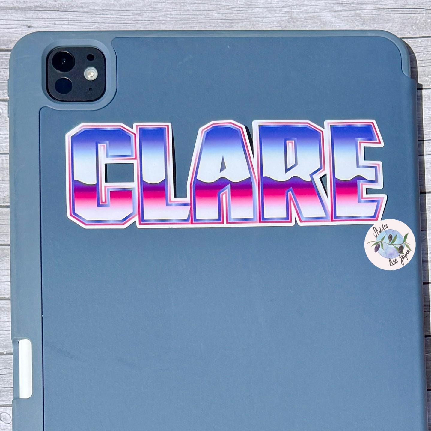 80s Wave Name Sticker Label - a blue tablet case with a sticker on it