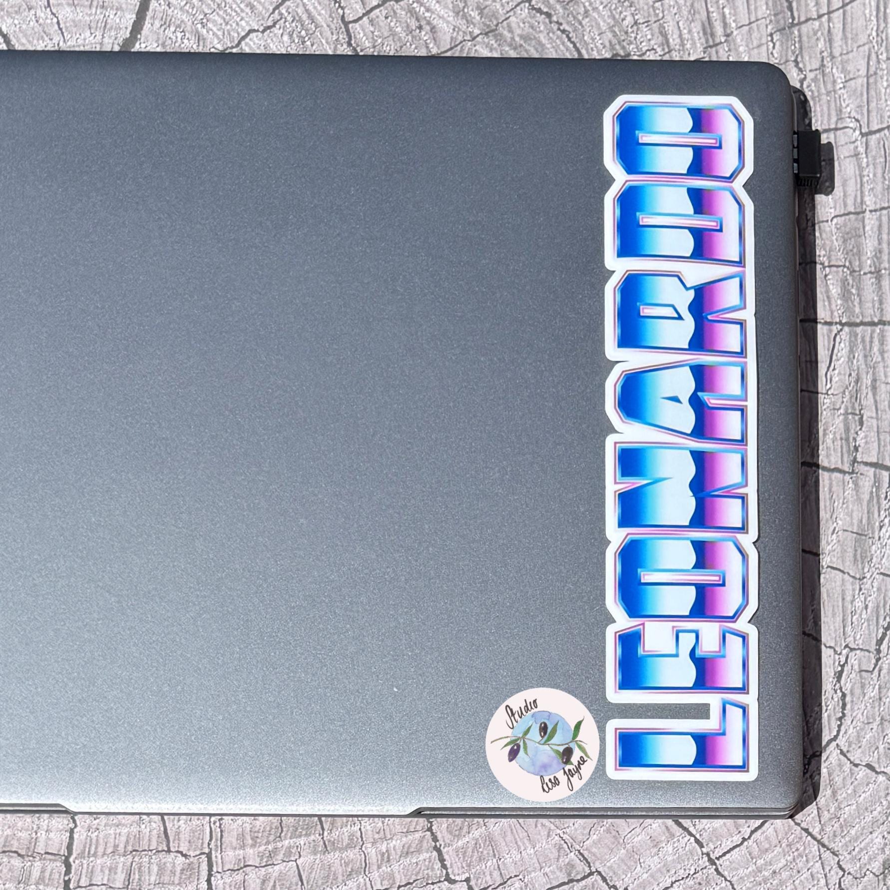 80s Wave Name Sticker Label - a laptop on a tree stump