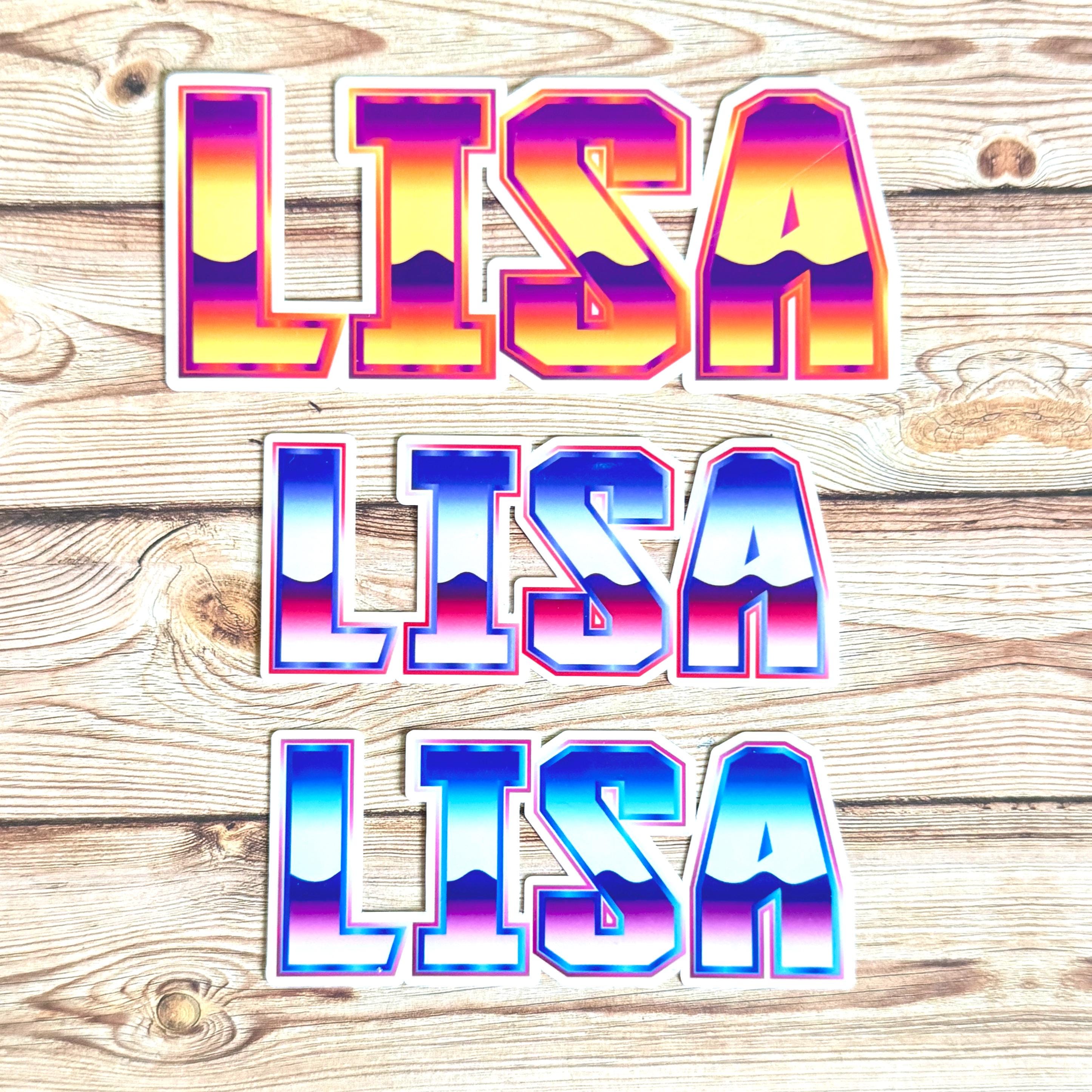 80s Wave Name Sticker Label - a group of colorful letters on a wood surface
