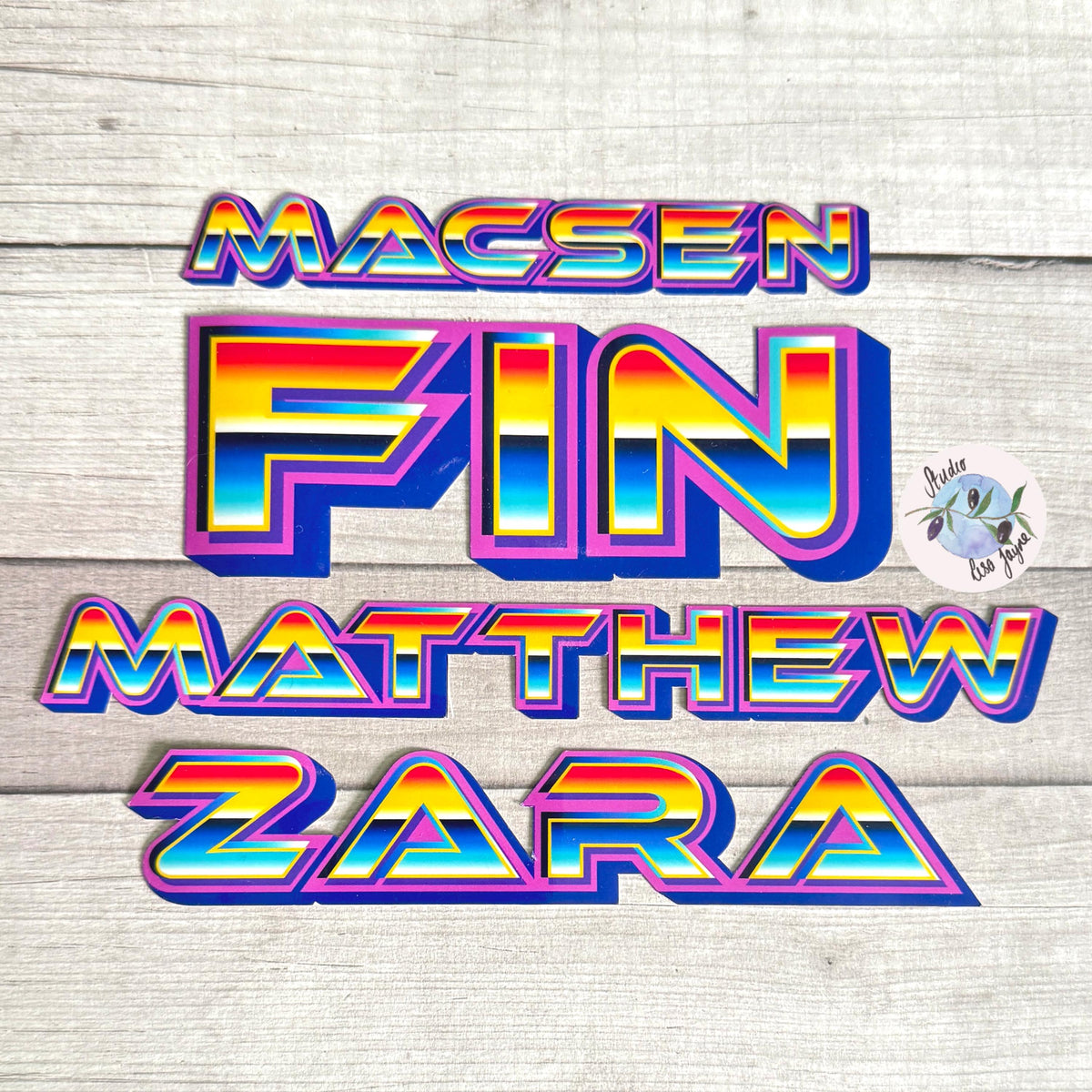 80s Retro Gamer Style Name Sticker Sticker Label - a group of colorful text on a wood surface