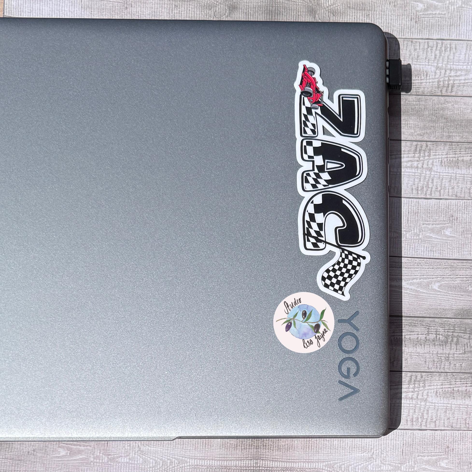 F1 Racing Car Name Sticker Label - a laptop with stickers on it