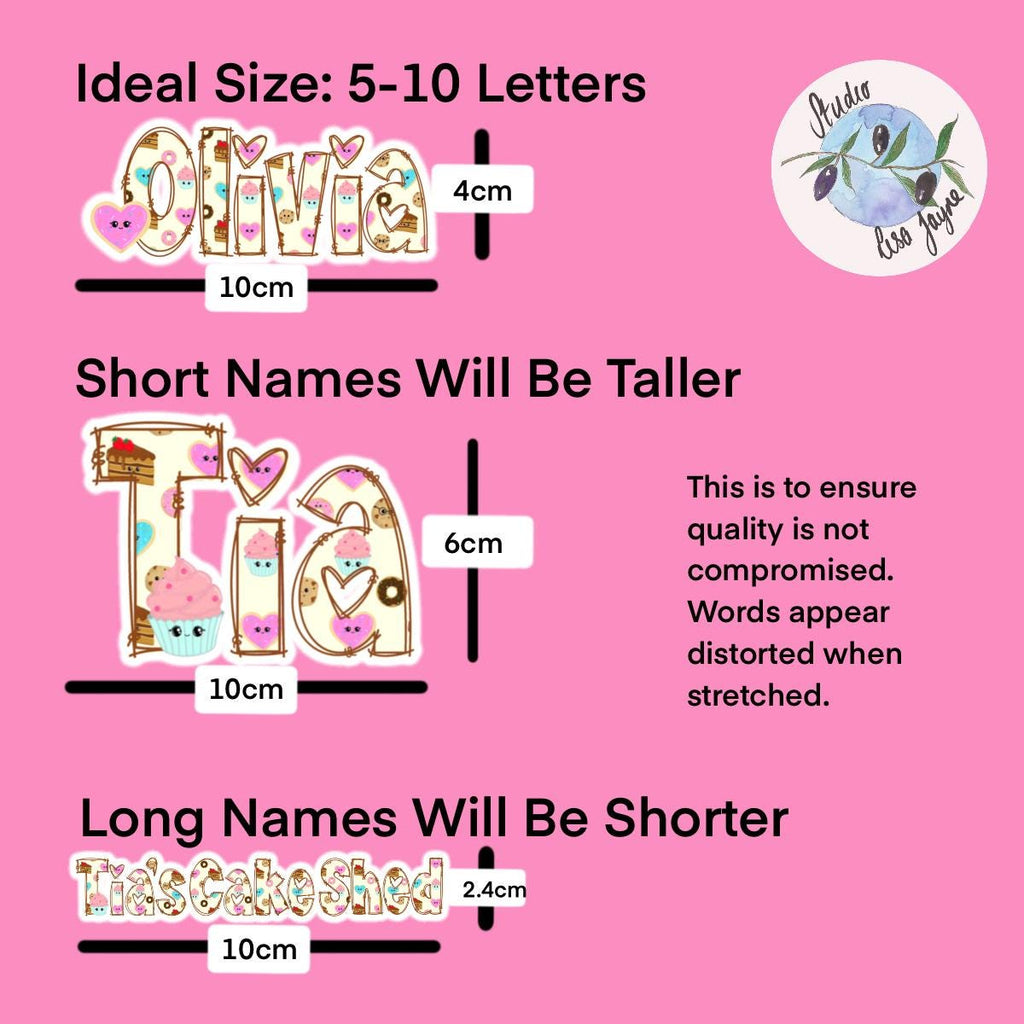 Sweet Treats Name Sticker for Smooth Surfaces - a pink background with text and images