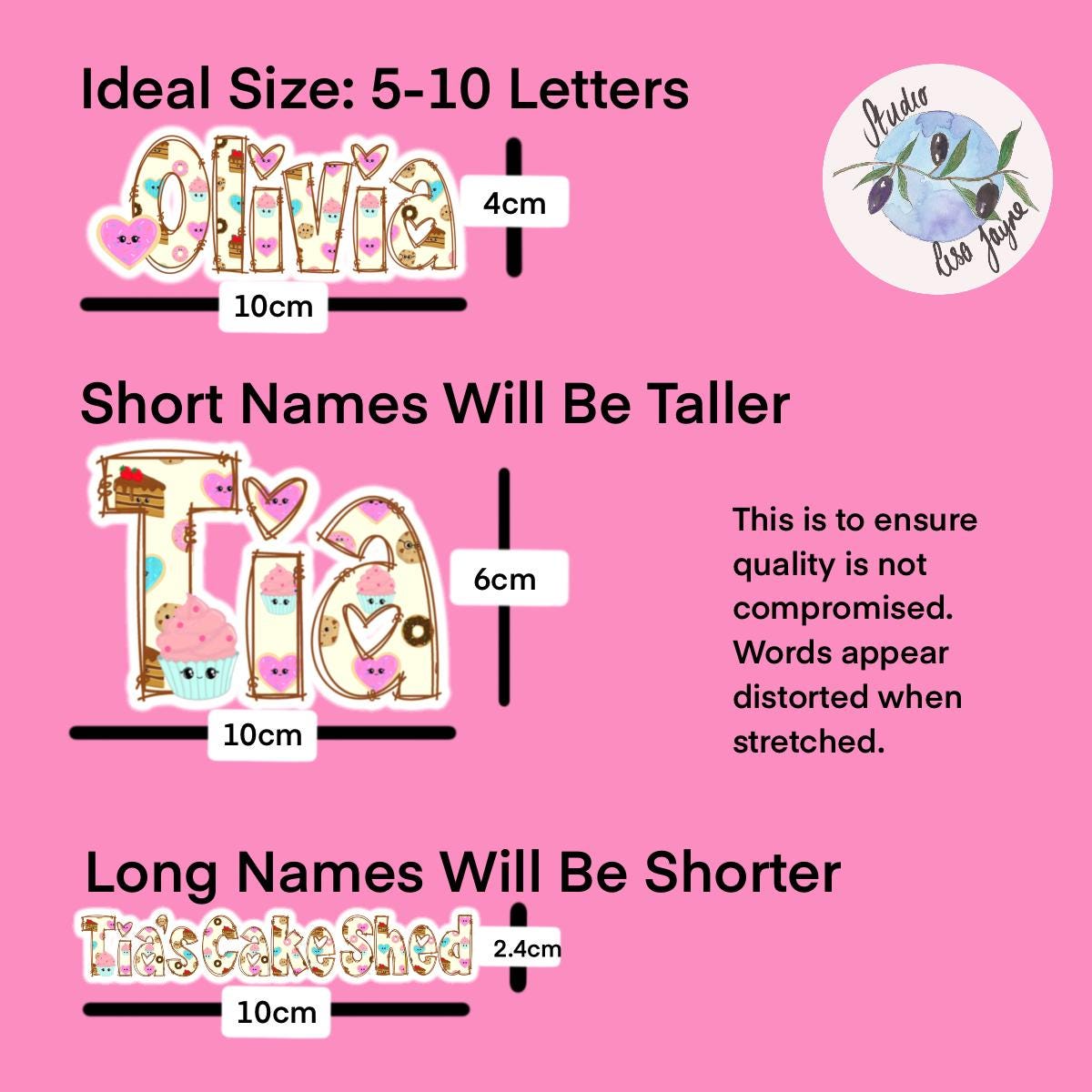 Sweet Treats Name Sticker for Smooth Surfaces - a pink background with text and images