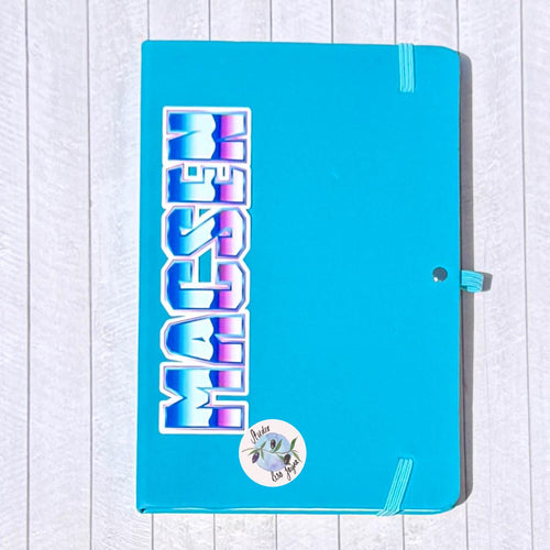 80s Wave Name Sticker Label - a blue folder with a logo on it
