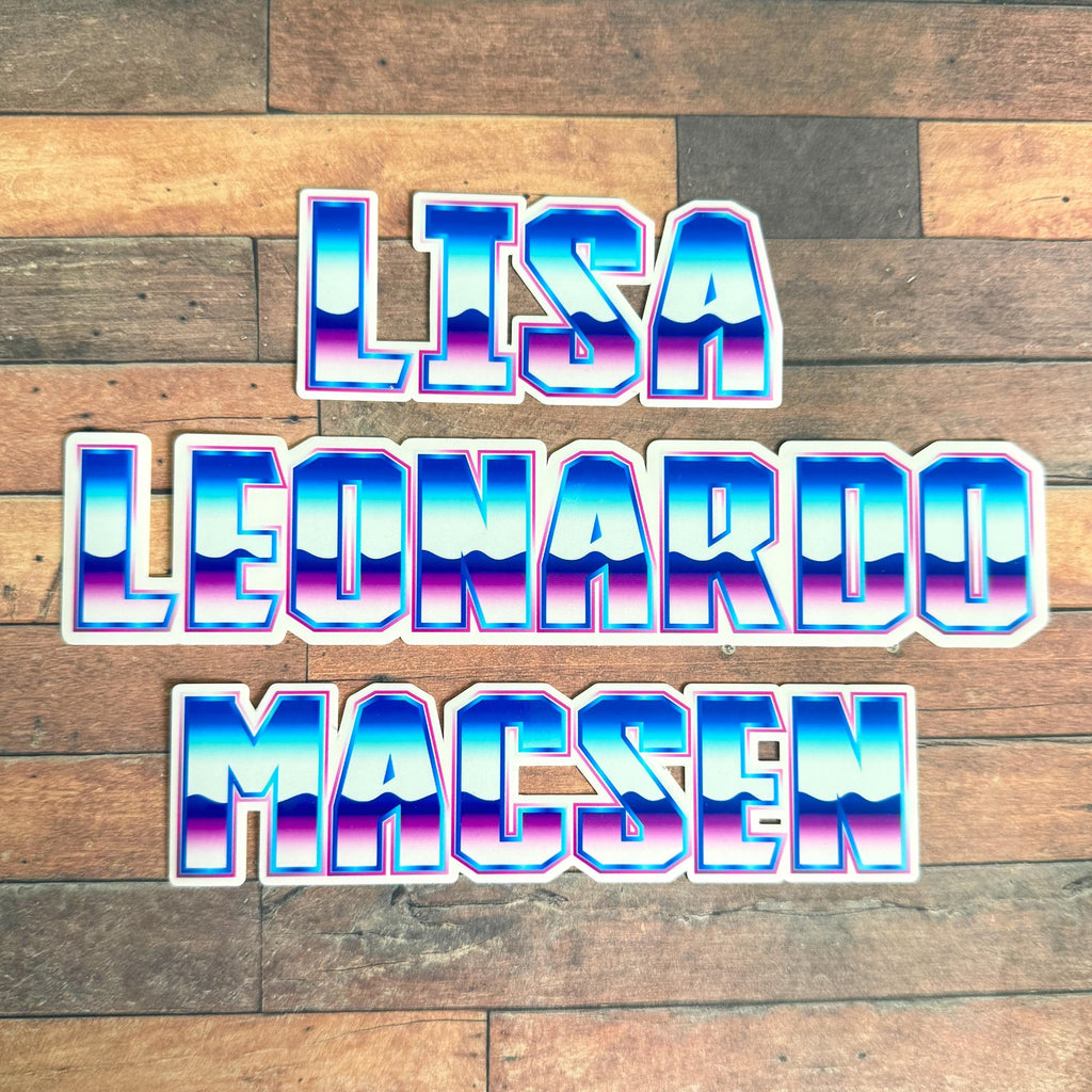 80s Wave Name Sticker Label - a group of blue and pink text on a wood surface