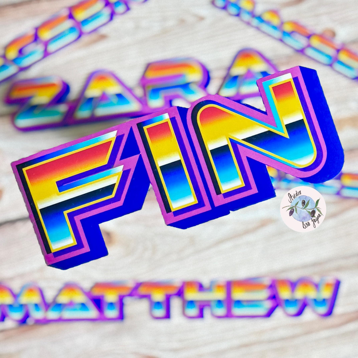 80s Retro Gamer Style Name Sticker Sticker Label - a colorful letters on a wood surface