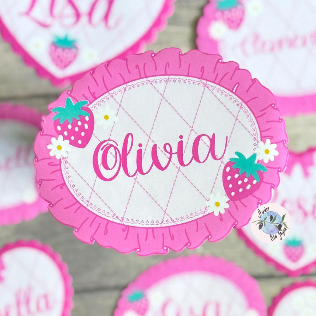 Coquette Strawberry Name Sticker Label Kids - a pink and white tag with strawberries and flowers