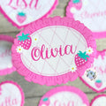 Coquette Strawberry Name Sticker Label Kids - a pink and white tag with strawberries and flowers