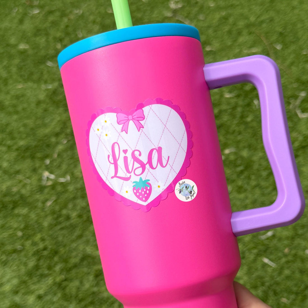 Coquette Strawberry Name Sticker Label Kids - a pink cup with a straw