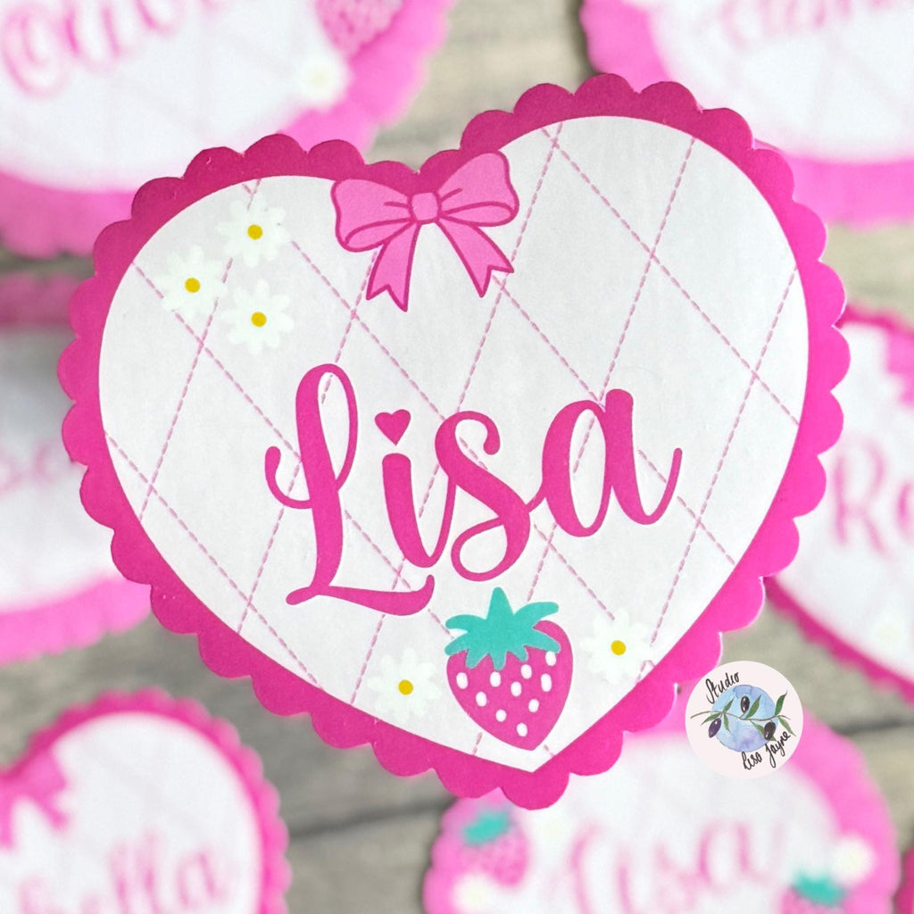 Coquette Strawberry Name Sticker Label Kids - a pretty heart shaped decal with a name