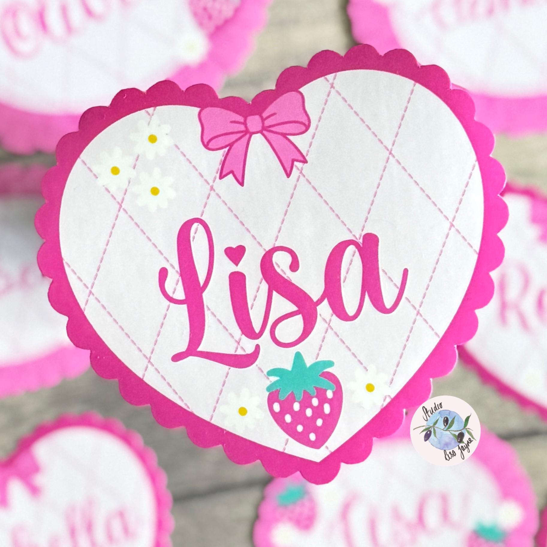 Coquette Strawberry Name Sticker Label Kids - a pretty heart shaped decal with a name