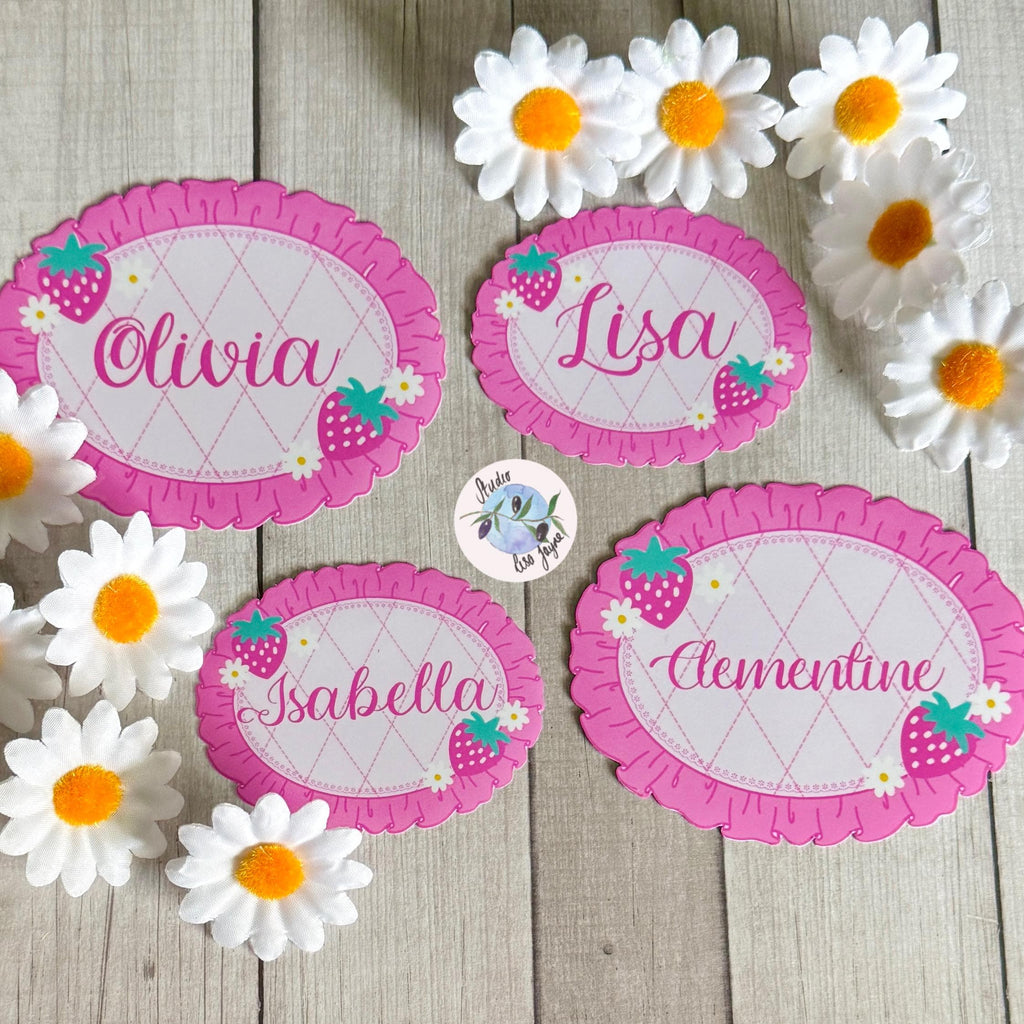 Coquette Strawberry Name Sticker Label Kids - a group of girl's school name tags and flowers
