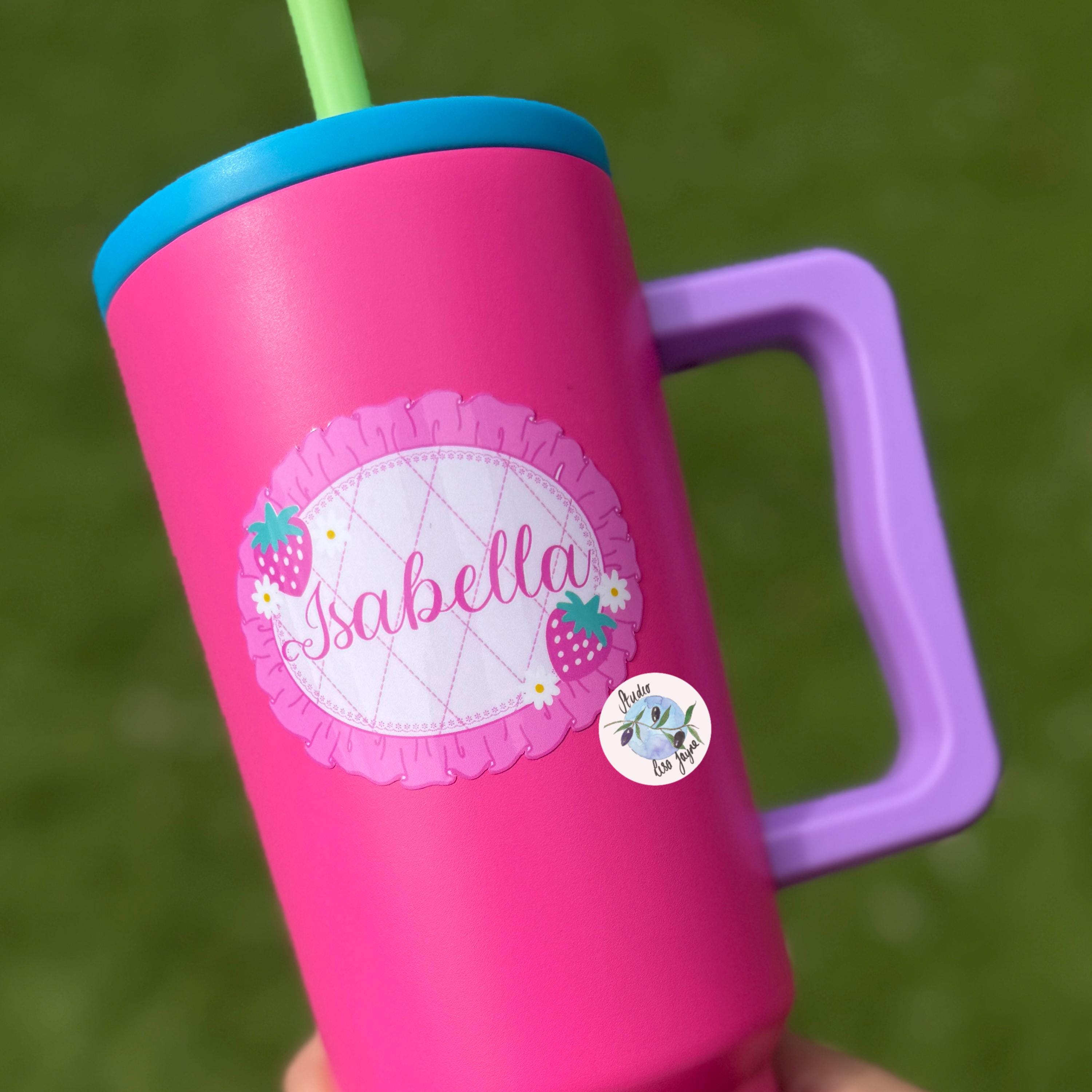 Coquette Strawberry Name Sticker Label Kids - a pink cup with a straw and personalised pink Isabella name decal 