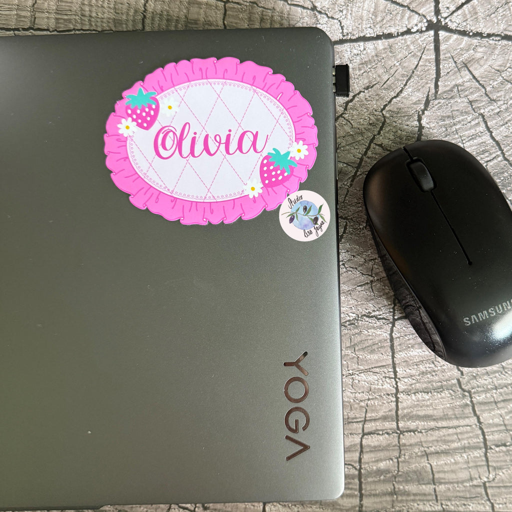 Coquette Strawberry Name Sticker Label Kids - a laptop and an Olivia personalised name sticker 